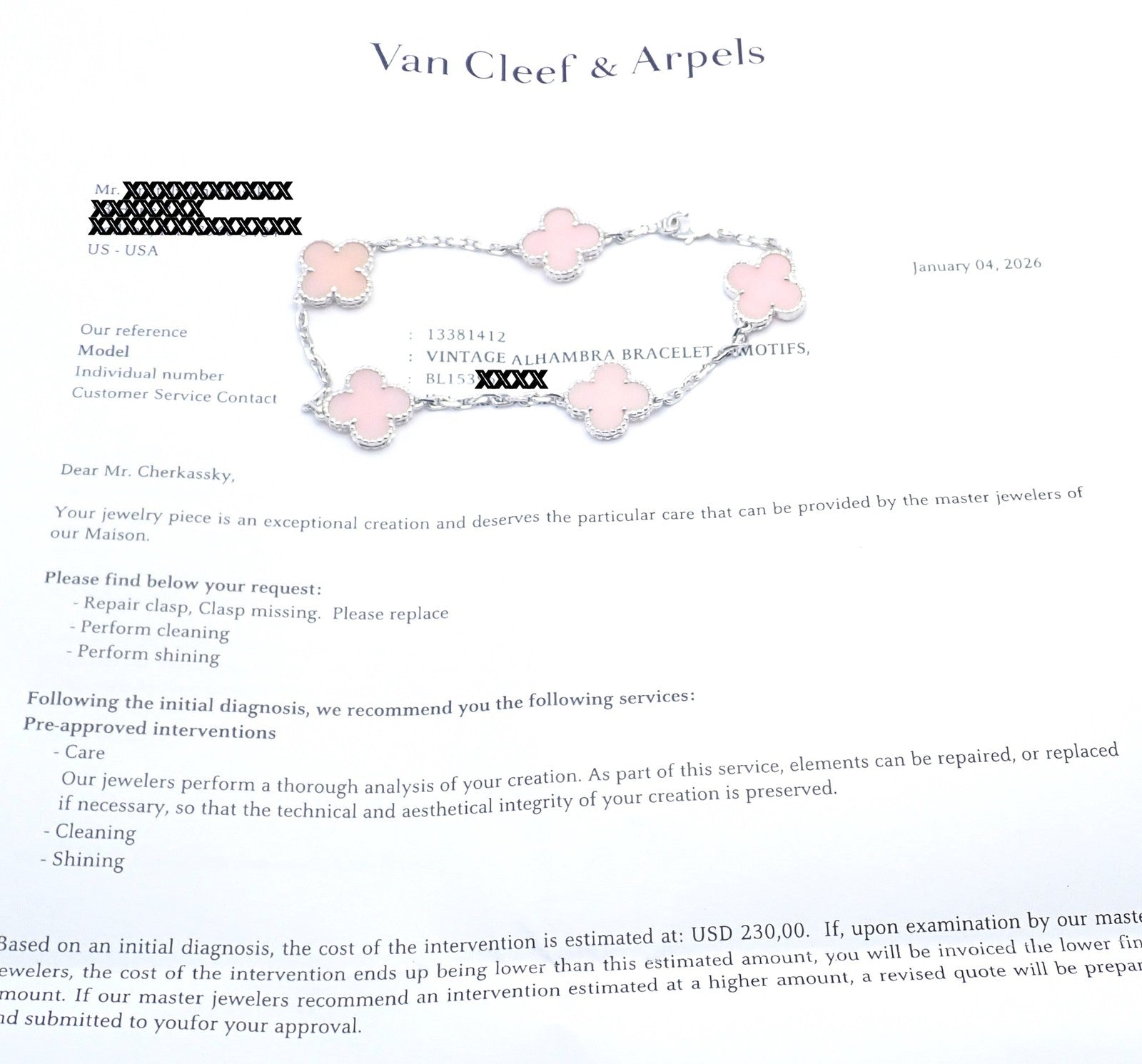 Authentic! Van Cleef & Arpels Alhambra 18k White Gold Pink Opal Bracelet Cer. | Fortrove