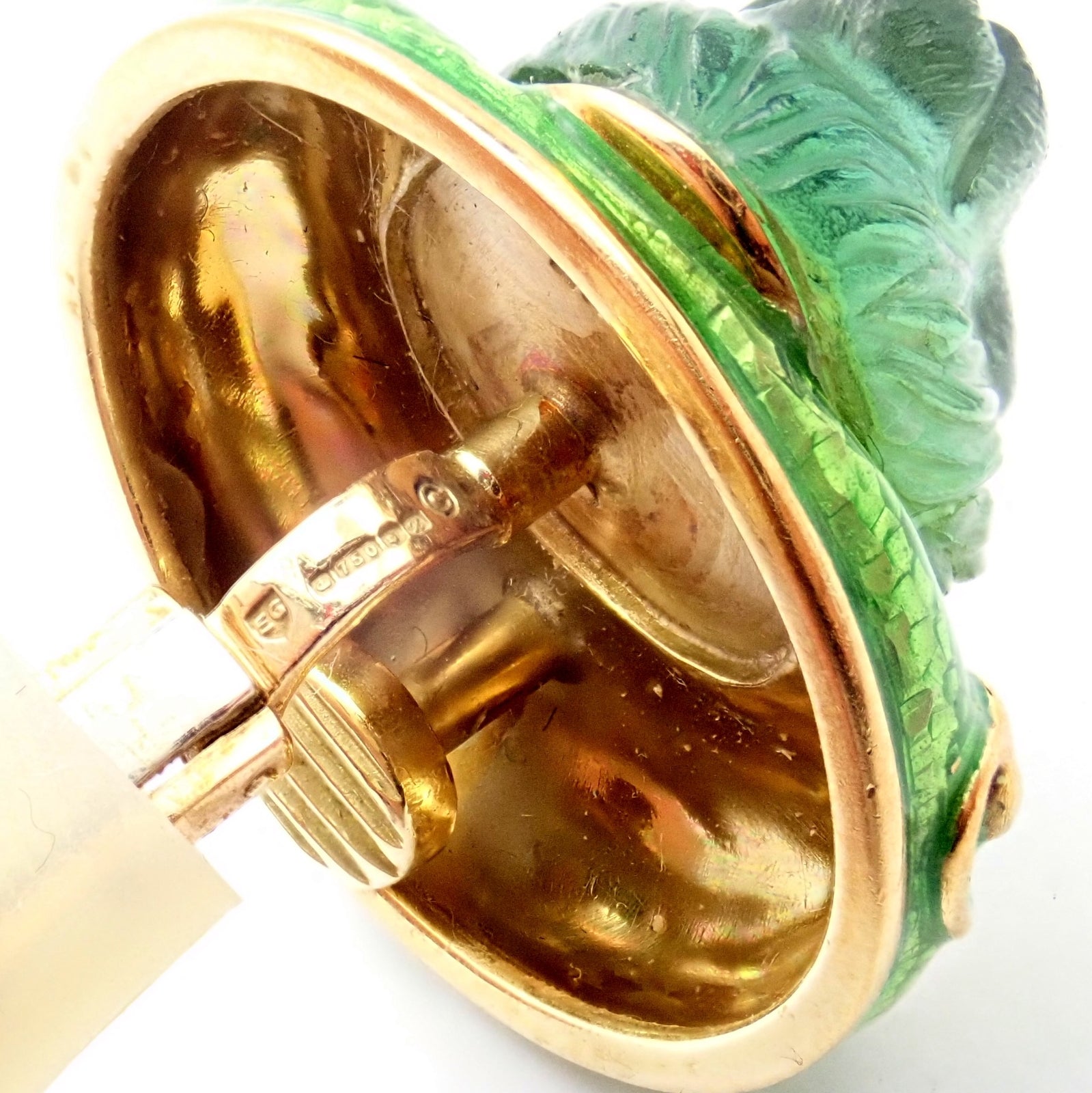 Elizabeth Gage 18k Yellow Gold Carved Green Tourmaline Enamel Lion Earrings | Fortrove