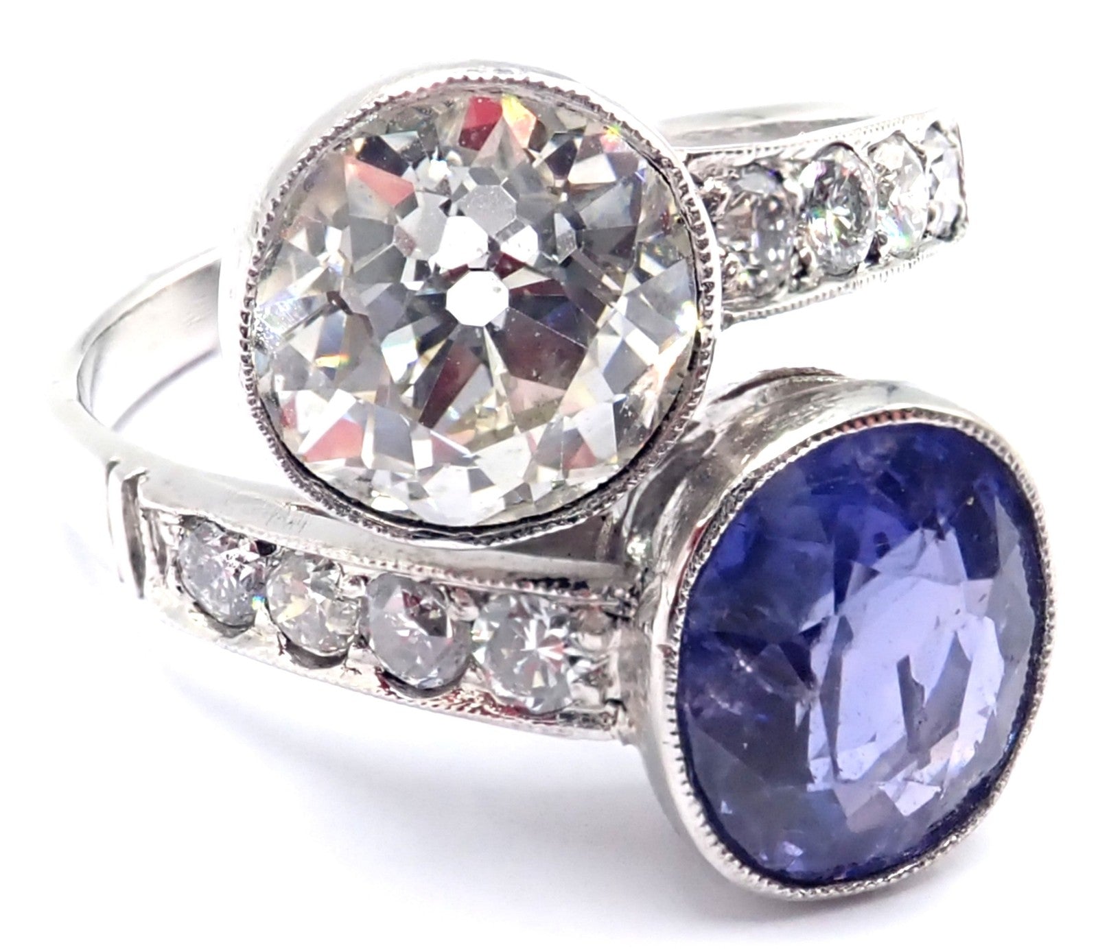 Estate Jewelry & Watches:Vintage & Antique Jewelry:Rings Vintage Estate Platinum Diamond Sapphire Art Deco Crossover Ring