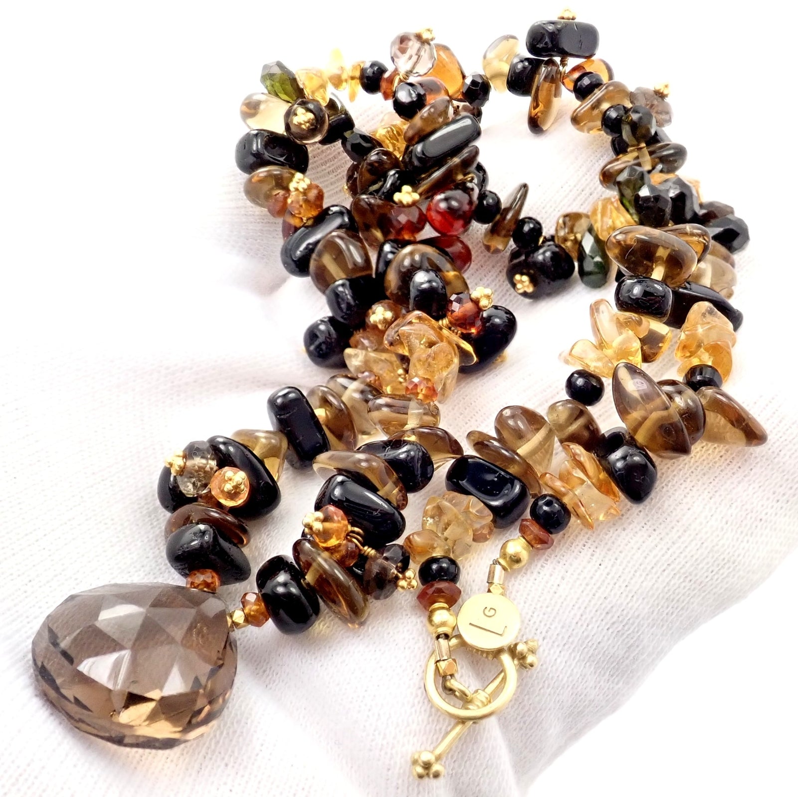 Laura Gibson 18k Yellow Gold Briolette Smokey Topaz Onyx Bead Large Necklace | Fortrove