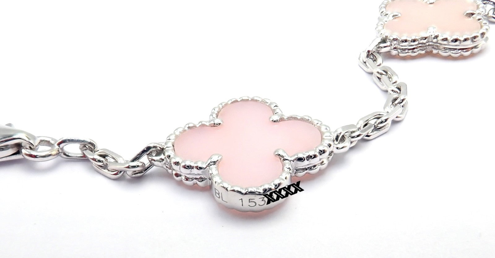 Authentic! Van Cleef & Arpels Alhambra 18k White Gold Pink Opal Bracel