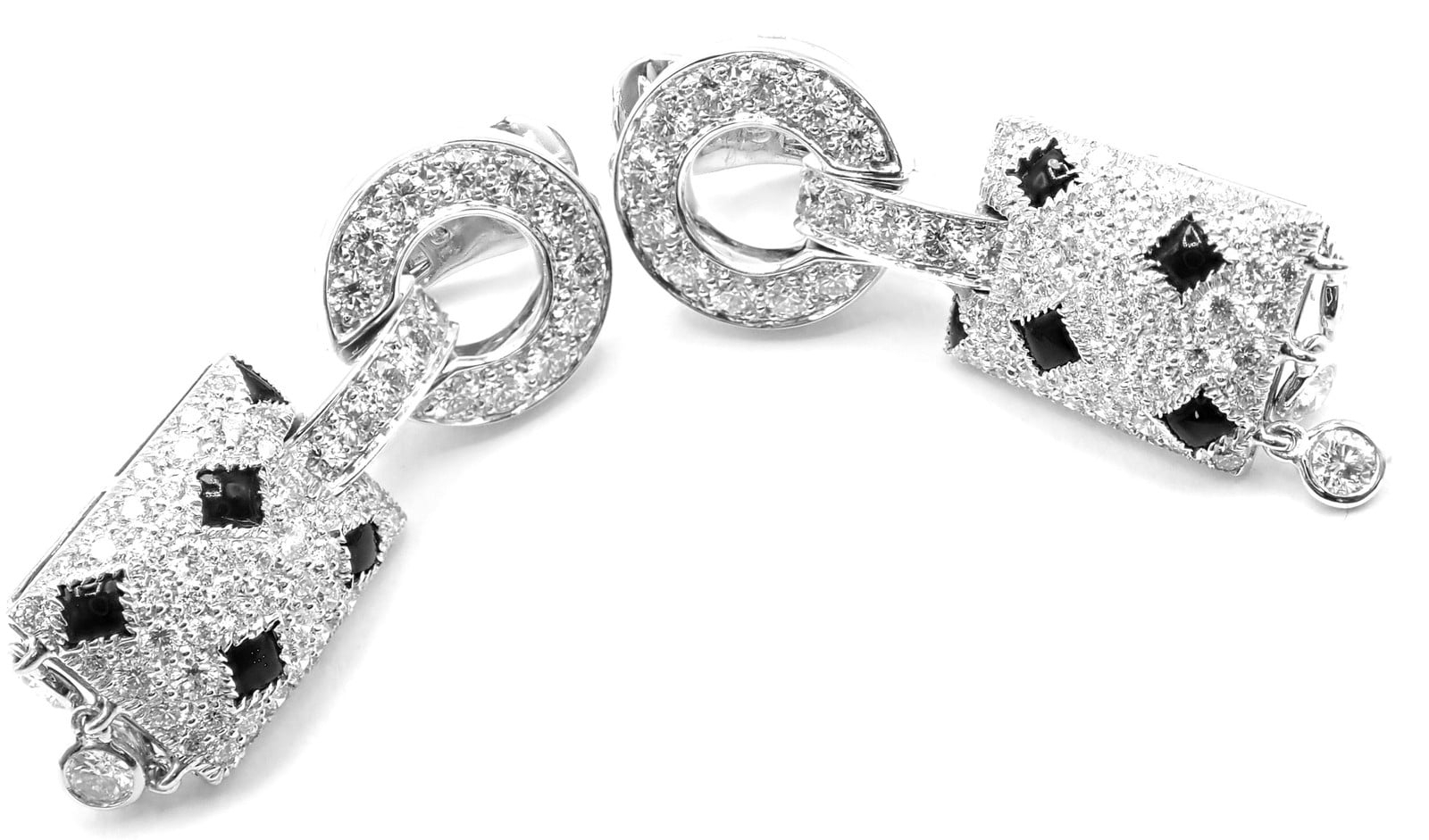 Authentic! Cartier Panthere Panther 18k White Gold Diamond Black Onyx Earrings | Fortrove