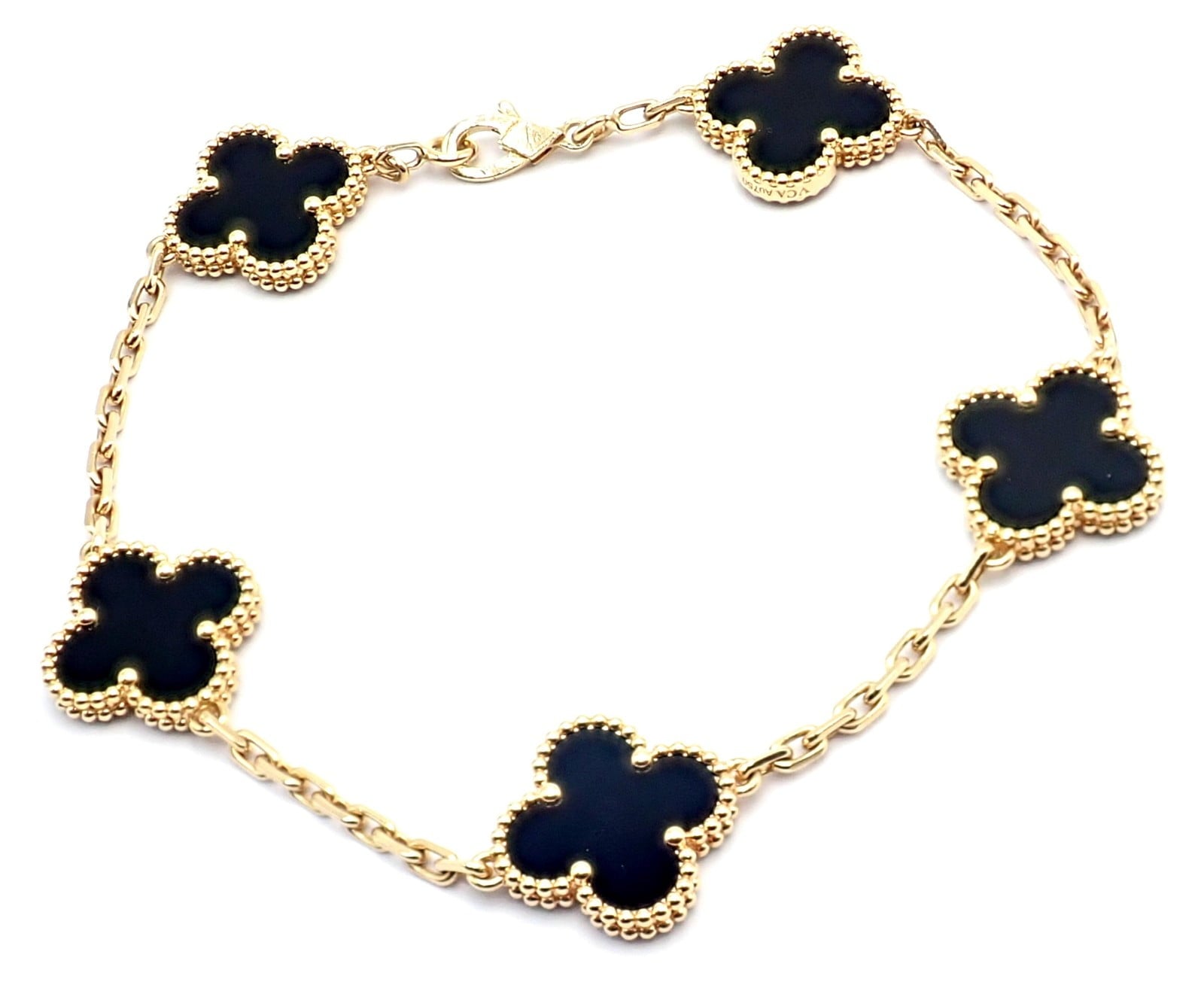 Authentic! Van Cleef & Arpels 18k Yellow Gold 5 Motif Onyx Alhambra Bracelet | Fortrove