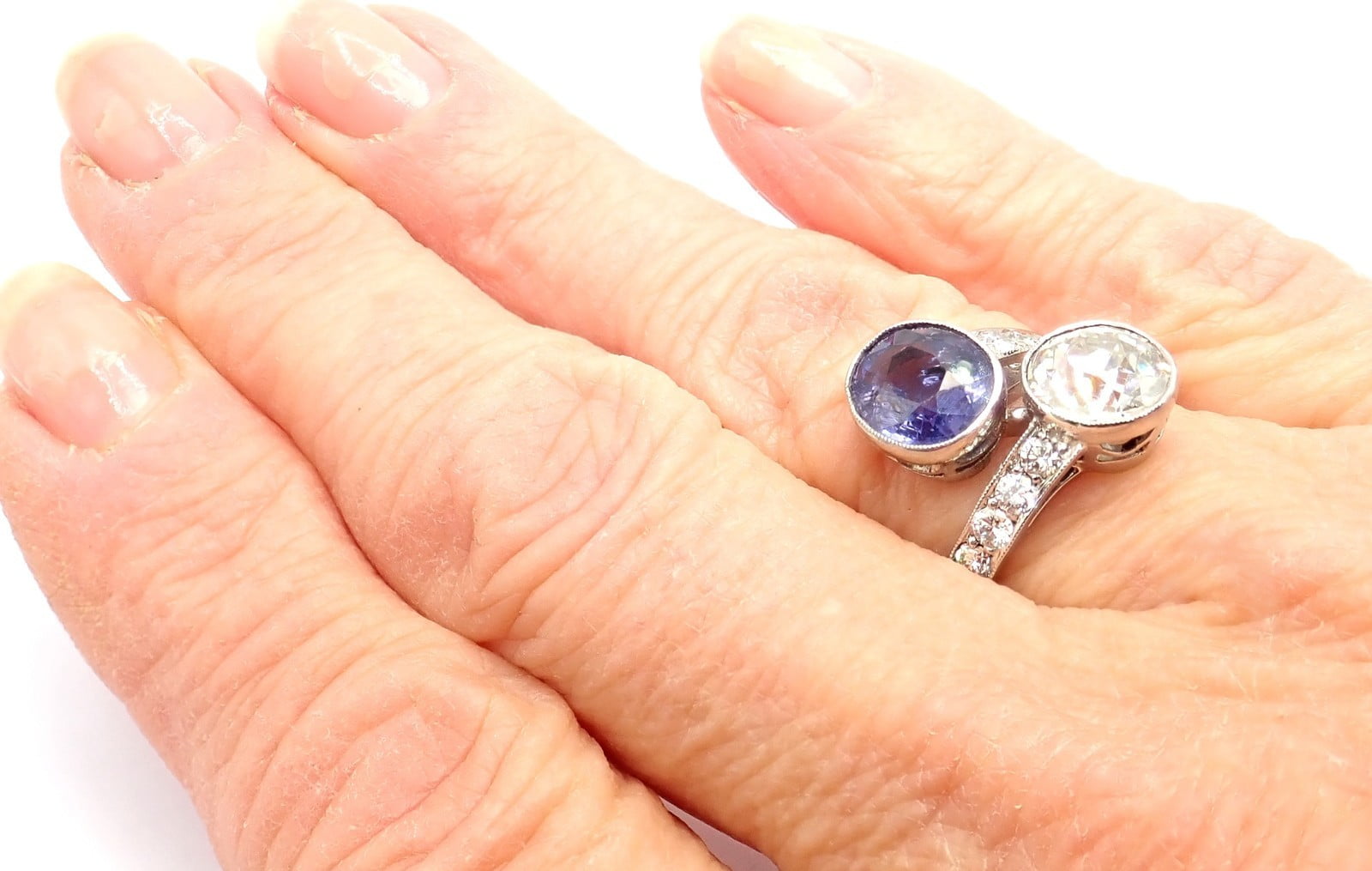Estate Jewelry & Watches:Vintage & Antique Jewelry:Rings Vintage Estate Platinum Diamond Sapphire Art Deco Crossover Ring