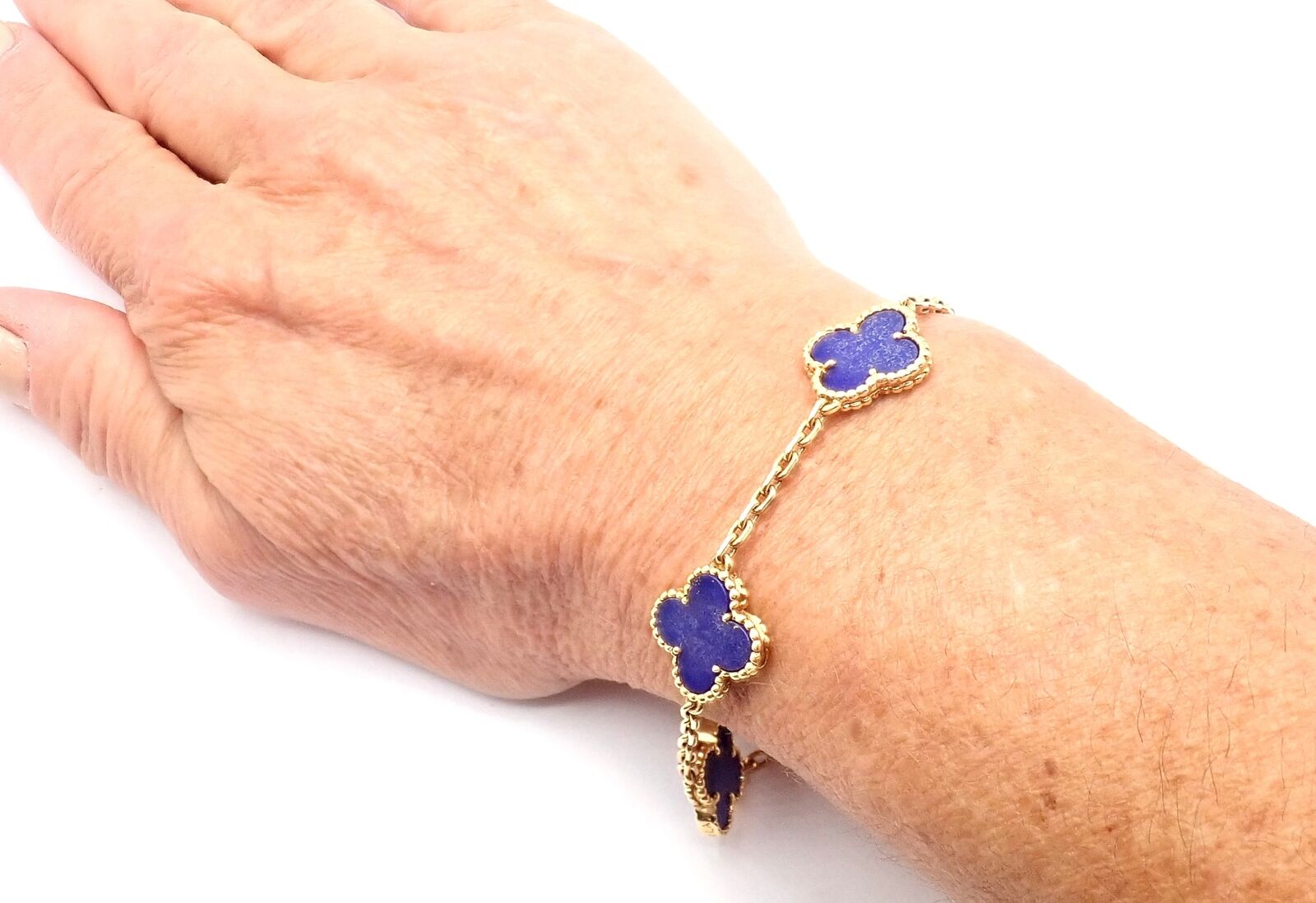 Authentic! Van Cleef & Arpels 18k Gold 5 Motif Alhambra Lapis