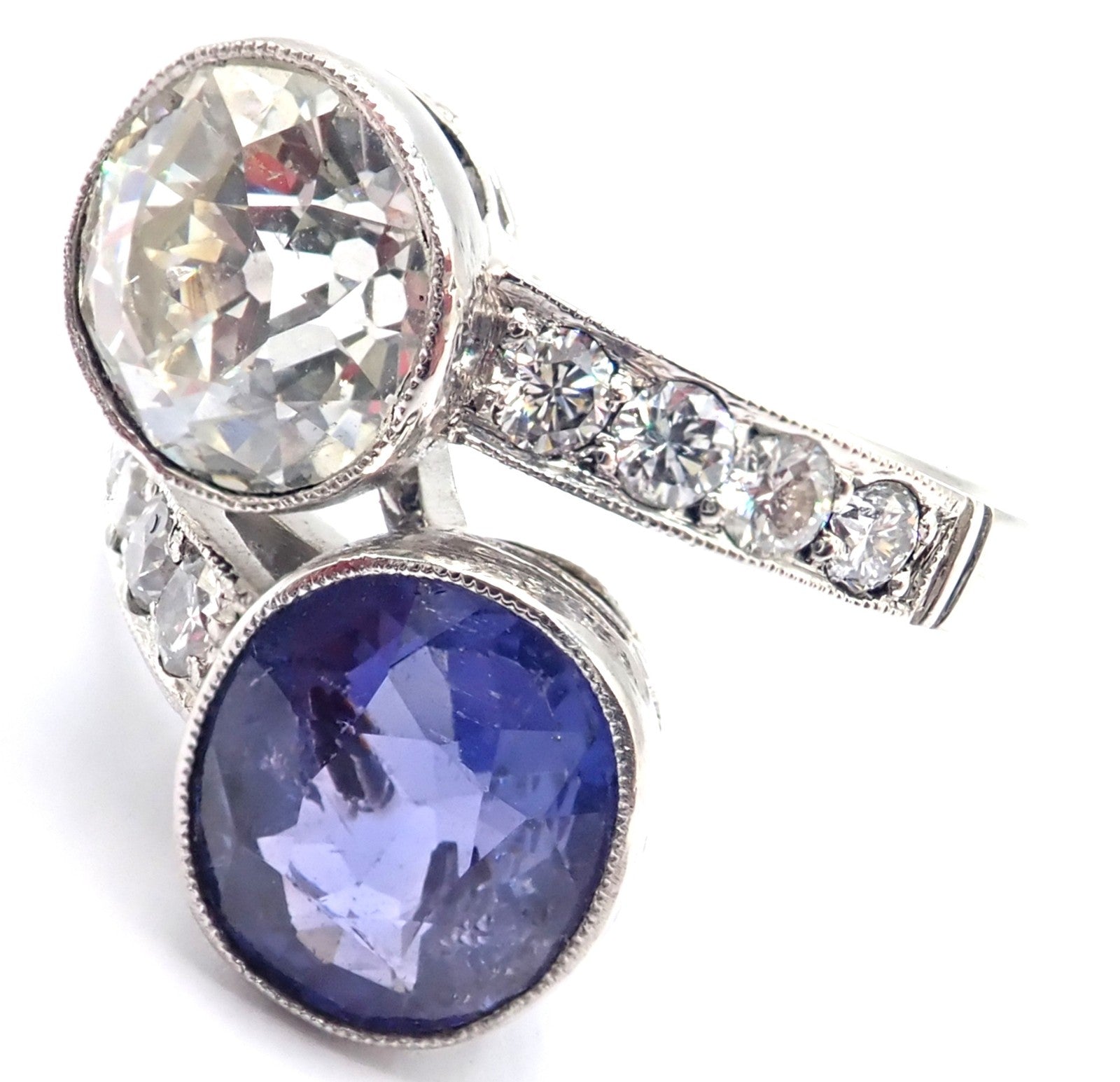 Estate Jewelry & Watches:Vintage & Antique Jewelry:Rings Vintage Estate Platinum Diamond Sapphire Art Deco Crossover Ring