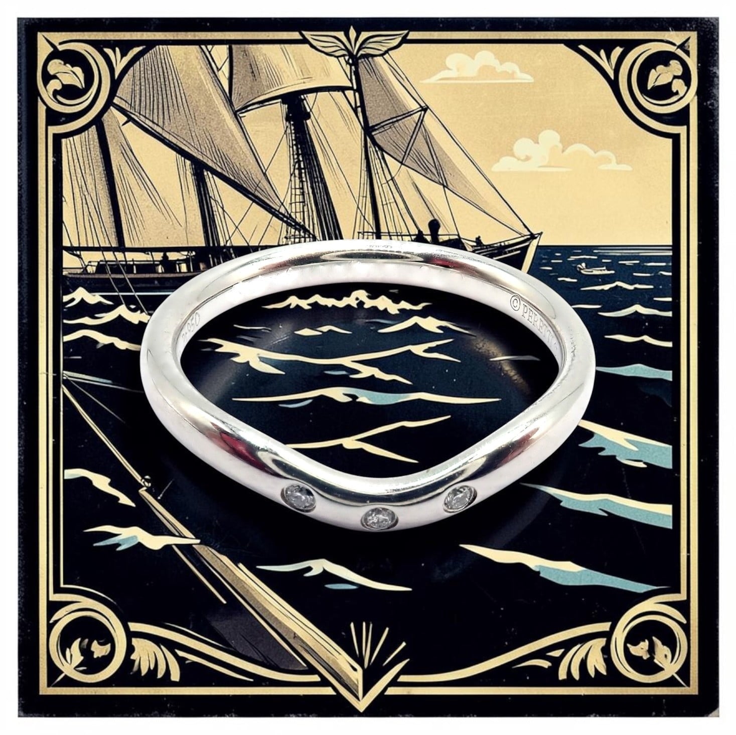 Authentic! Tiffany & Co. Platinum Peretti Diamond Wave Curved 2mm Band Ring sz 5 | Fortrove