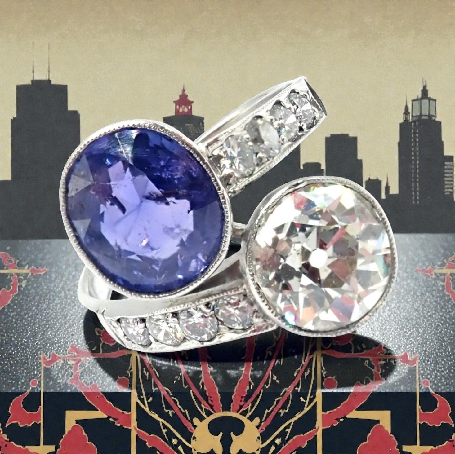 Estate Jewelry & Watches:Vintage & Antique Jewelry:Rings Vintage Estate Platinum Diamond Sapphire Art Deco Crossover Ring