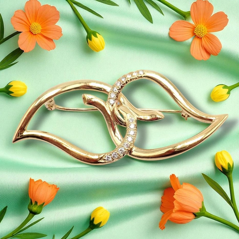 Authentic! Tiffany & Co 18k Yellow Gold Diamond Two Leaf Twin Brooch Pin 1987 | Fortrove