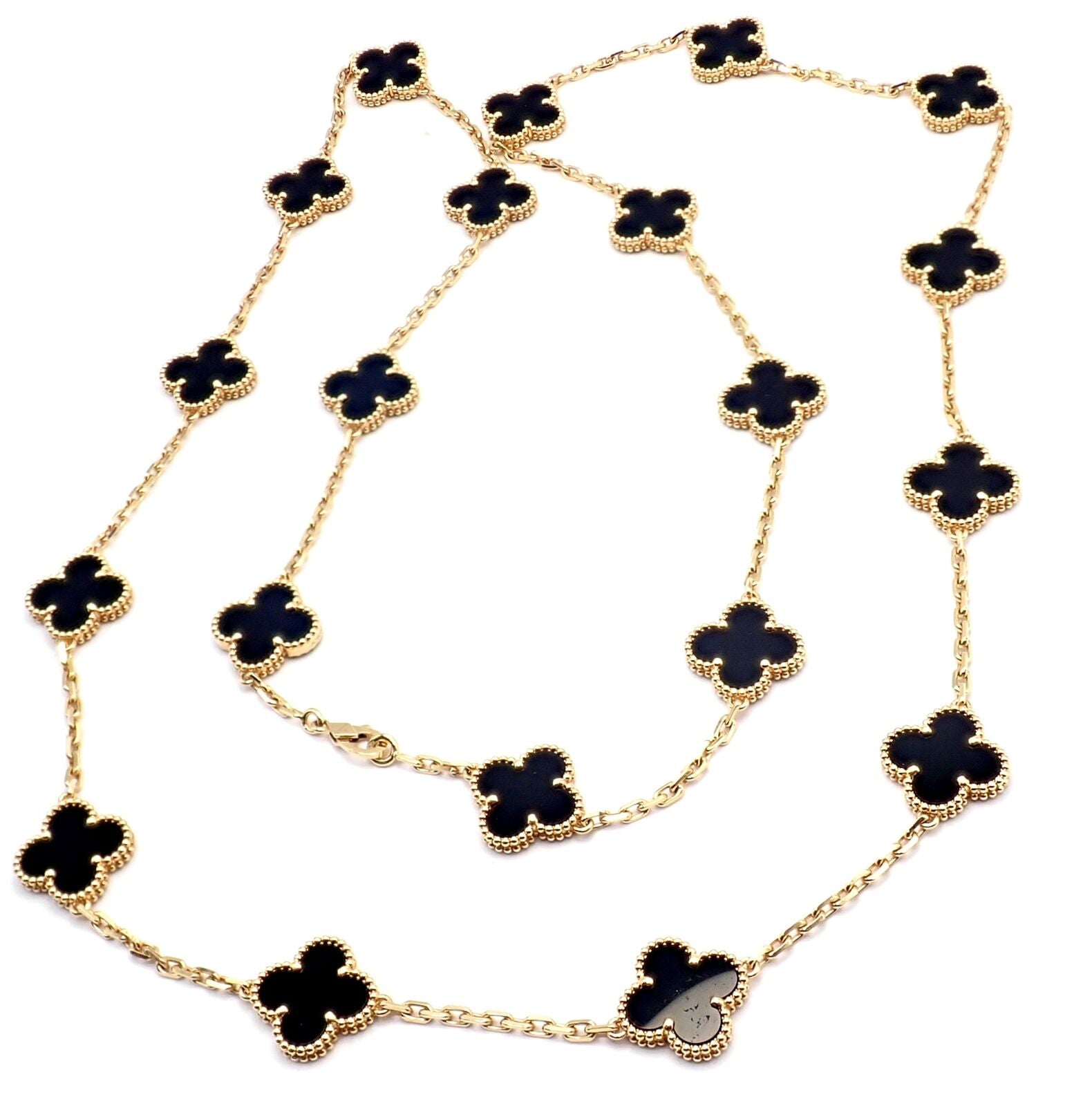 Authentic! Van Cleef & Arpels 18k Gold 20 Motif Black Onyx Alhambra Necklace | Fortrove