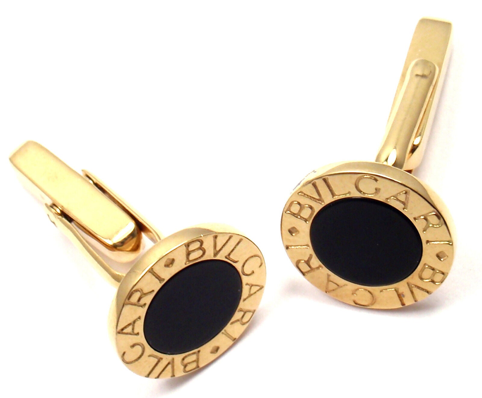 Authentic! Bulgari Bvlgari 18k Yellow Gold Black Onyx Cufflinks | Fortrove