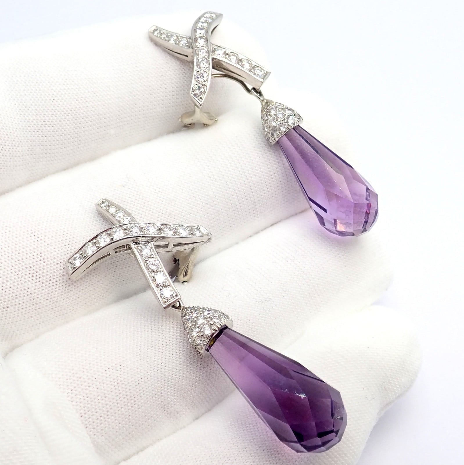 Tiffany & Co Picasso Platinum X Drop Diamond Amethyst Night + Day Earrings 1985 | Fortrove