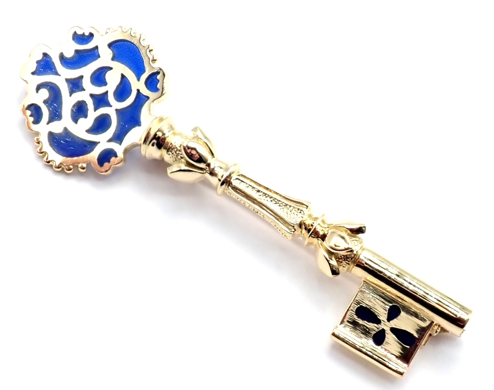 Rare! Authentic Vintage Mikimoto 18k Yellow Gold Key Blue Enamel Brooch Pin | Fortrove