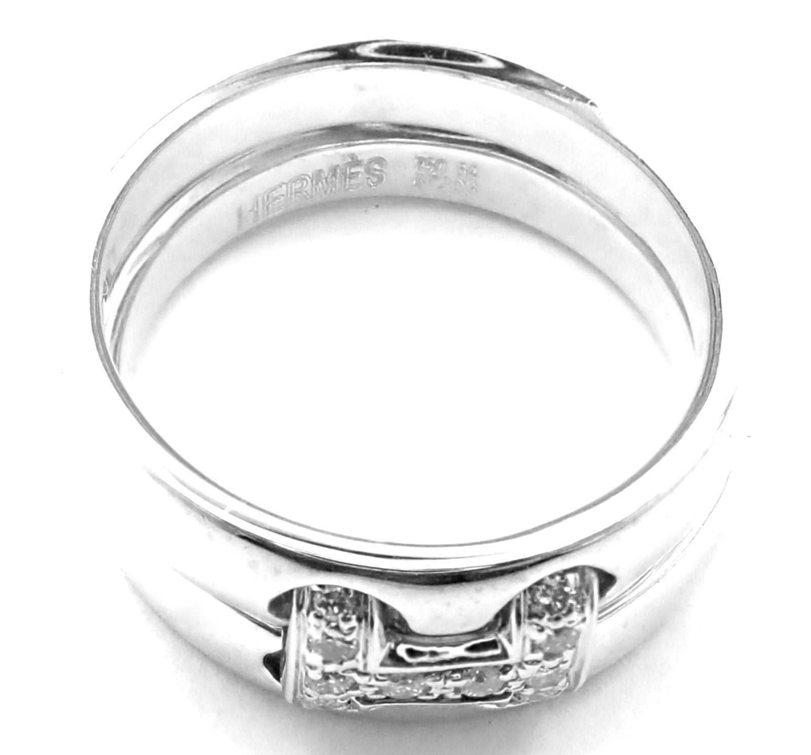 Authentic! Hermes 18k White Gold Diamond H Double Band Flex Band Ring | Fortrove
