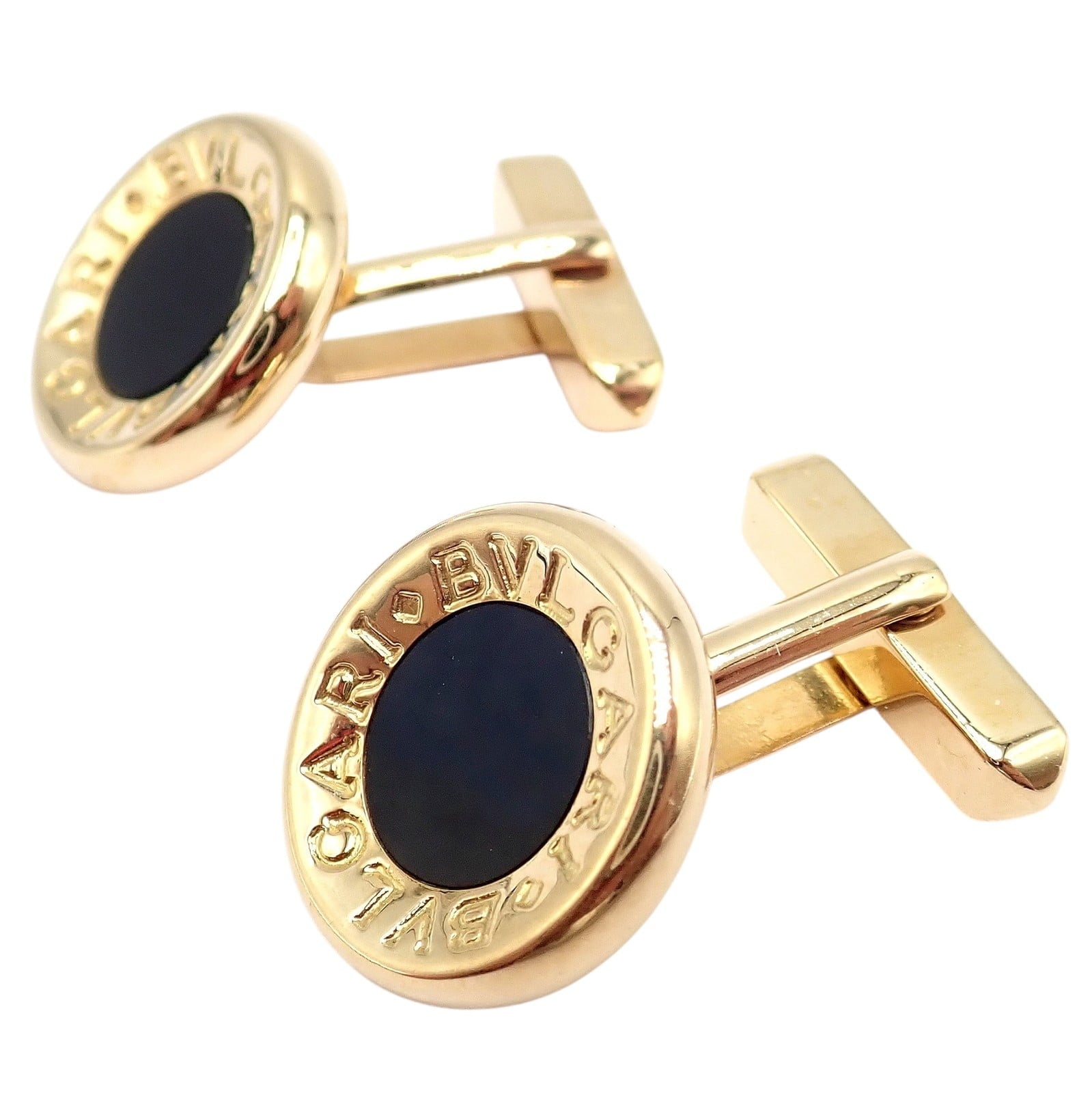 Authentic! Bulgari Bvlgari 18k Yellow Gold Black Onyx Large Cufflinks | Fortrove