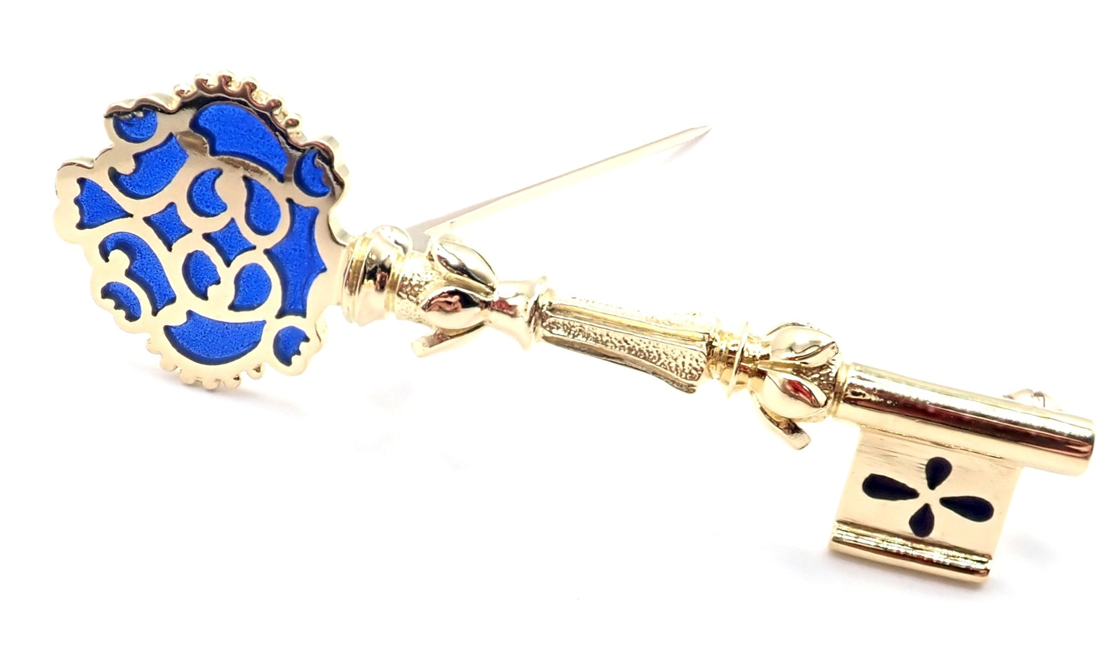 Rare! Authentic Vintage Mikimoto 18k Yellow Gold Key Blue Enamel Brooch Pin | Fortrove