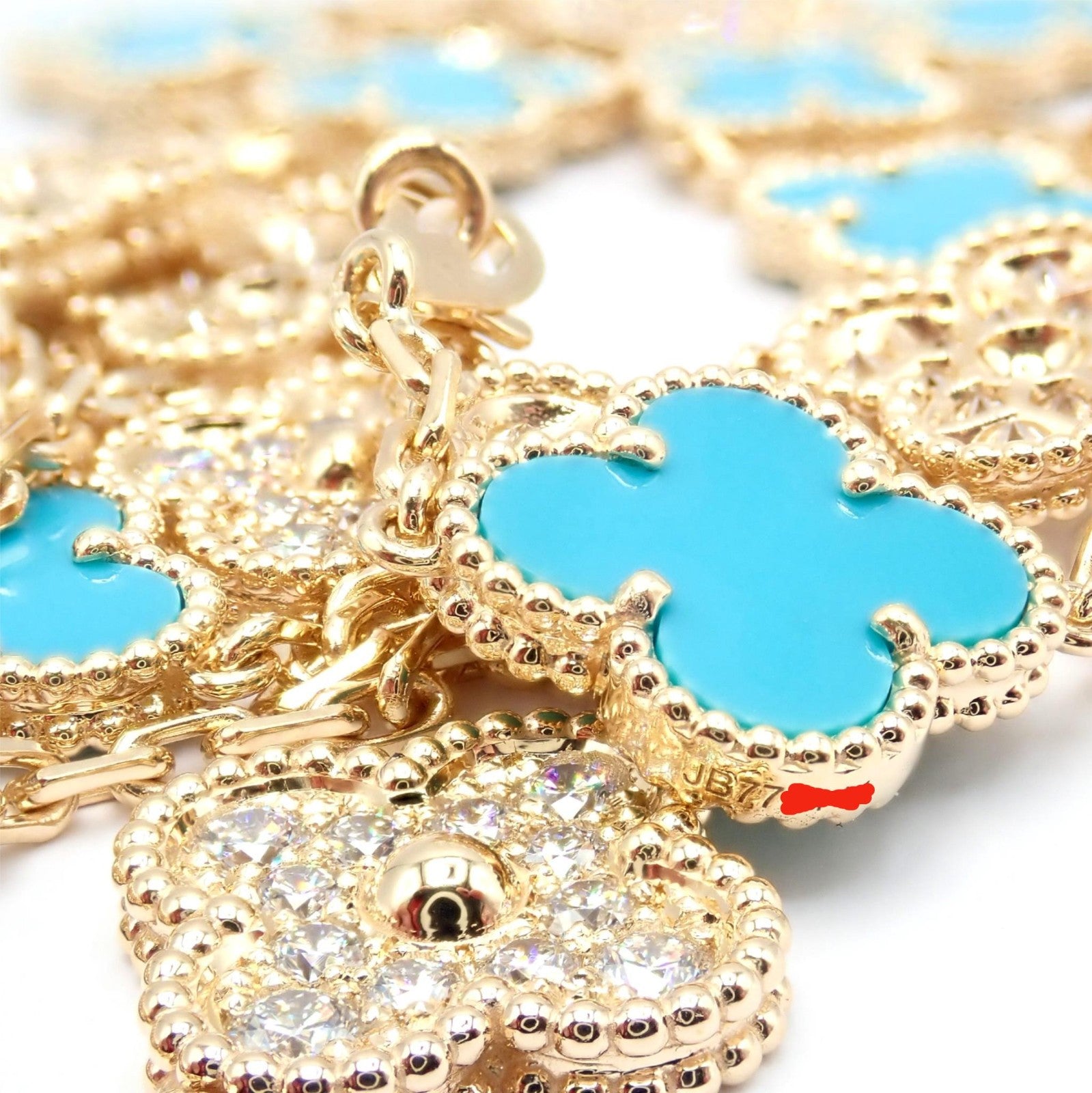 Van Cleef & Arpels 18k Yellow Gold 20 Motif Alhambra Diamond Turquoise Necklace | Fortrove