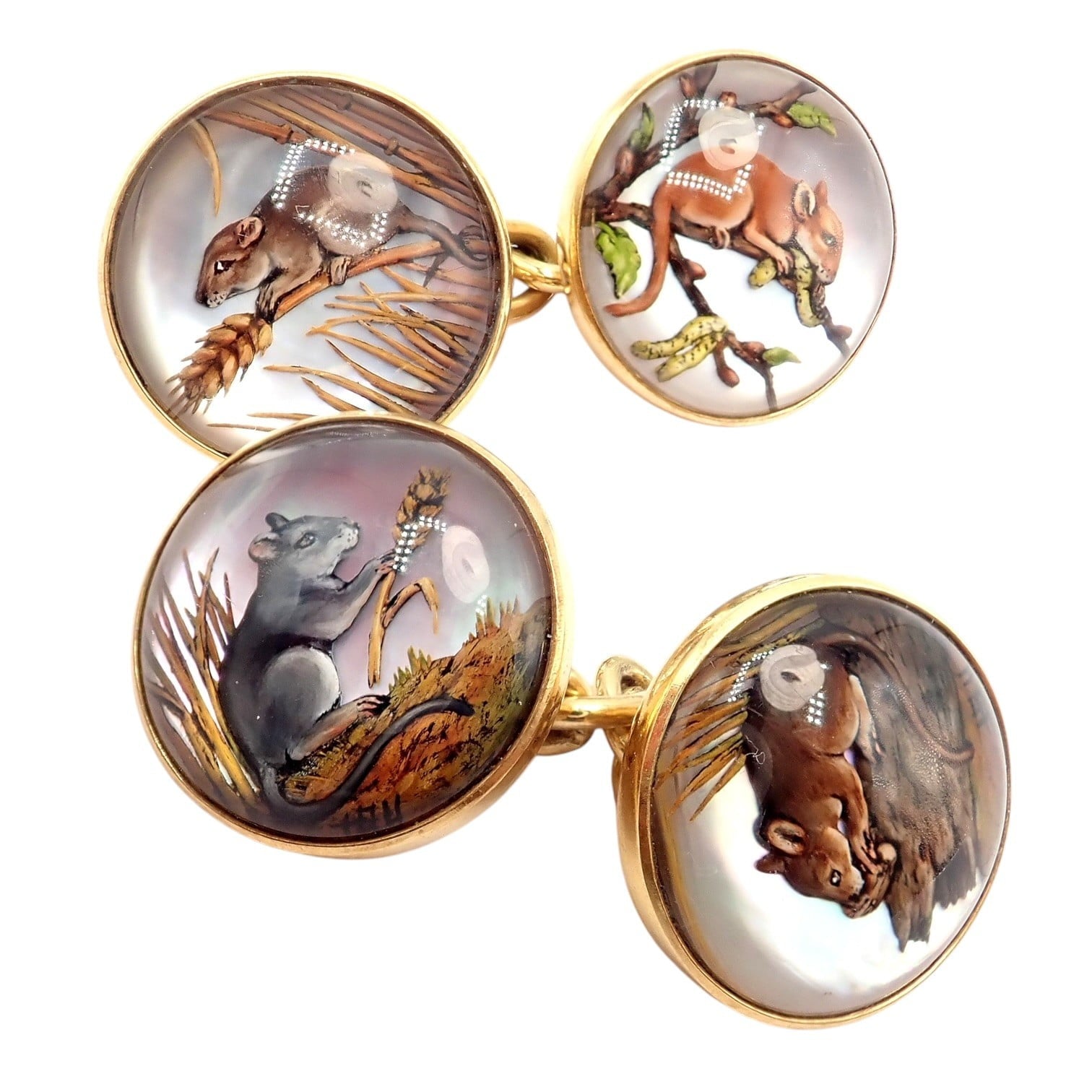 Vintage! Tiffany 18k Yellow Gold Essex Reverse Intaglio Field Mice Cufflinks | Fortrove