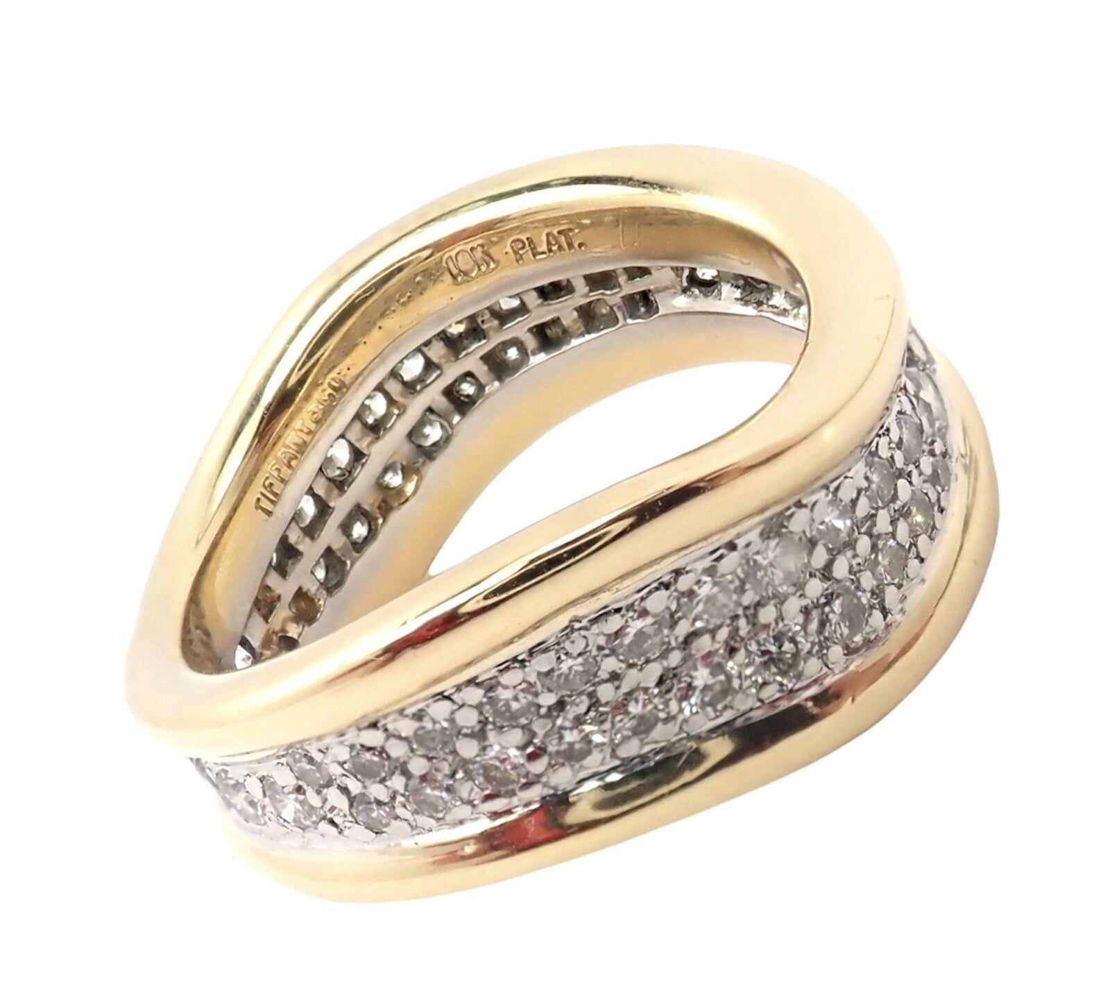 Authentic! Tiffany & Co 18k Yellow Gold Platinum Diamond Wave Band Ring | Fortrove