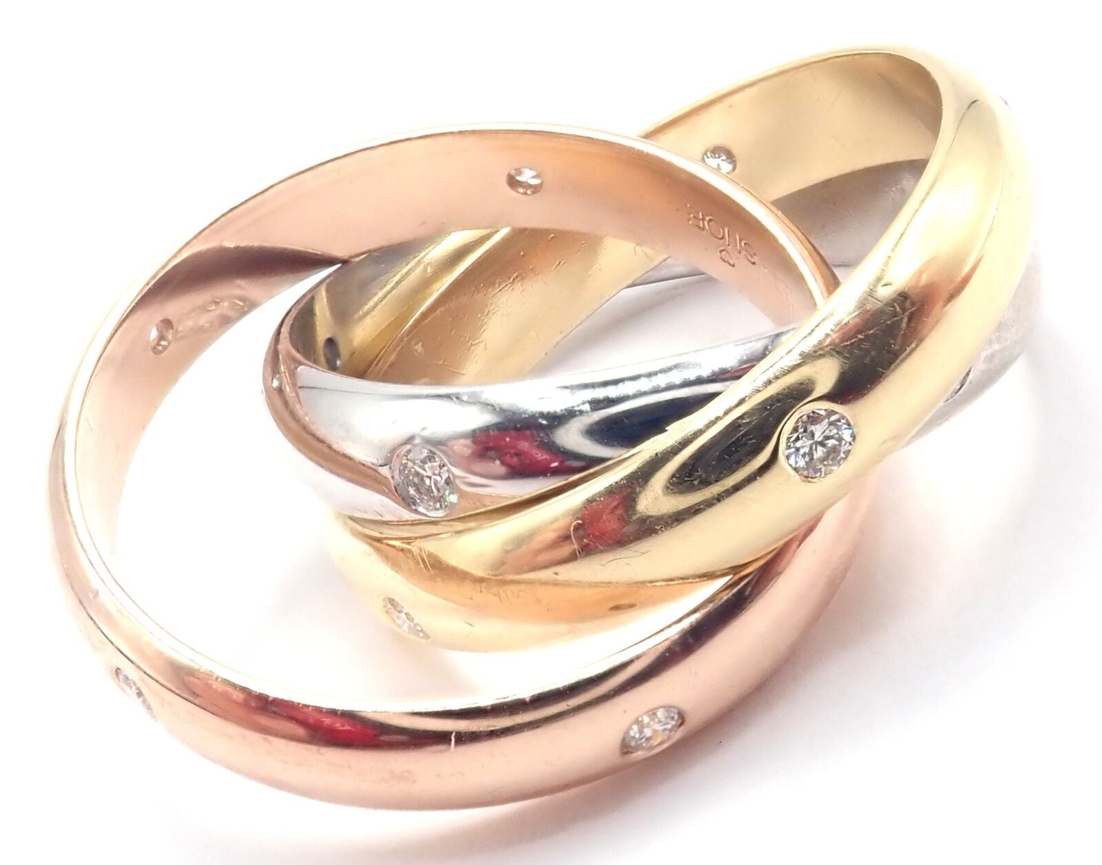 Authentic! Cartier 18k Tri-Color Gold Diamond Trinity Band Ring Size 5.75 Cert. | Fortrove