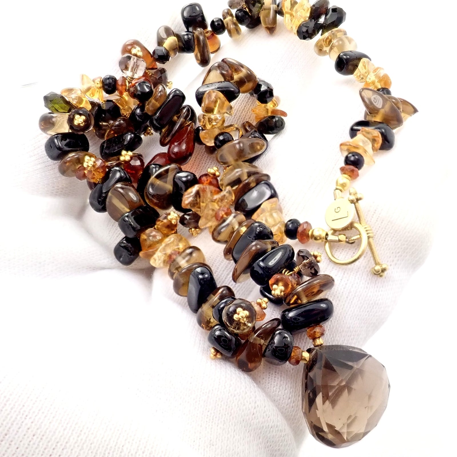 Laura Gibson 18k Yellow Gold Briolette Smokey Topaz Onyx Bead Large Necklace | Fortrove