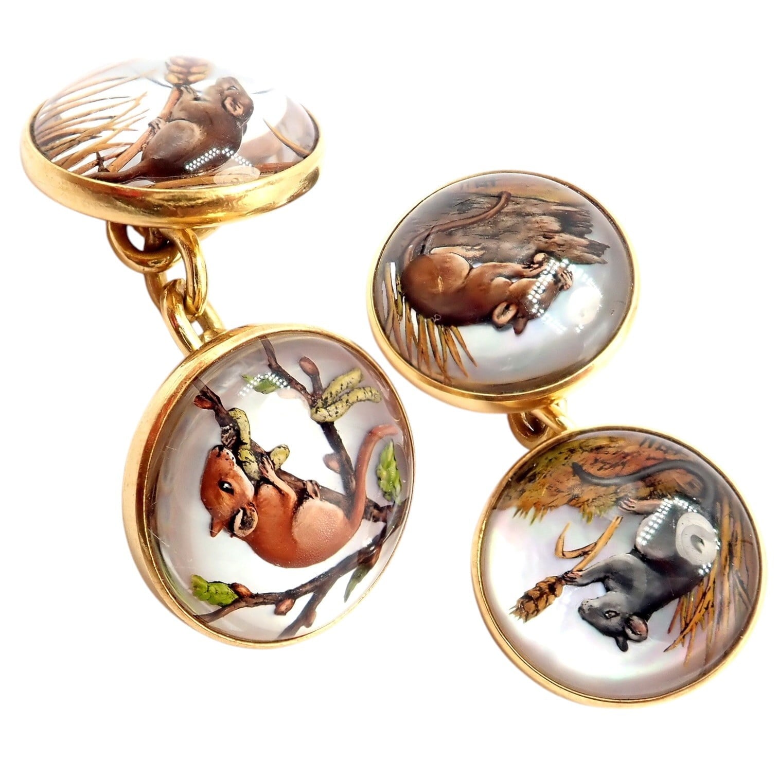 Vintage! Tiffany 18k Yellow Gold Essex Reverse Intaglio Field Mice Cufflinks | Fortrove