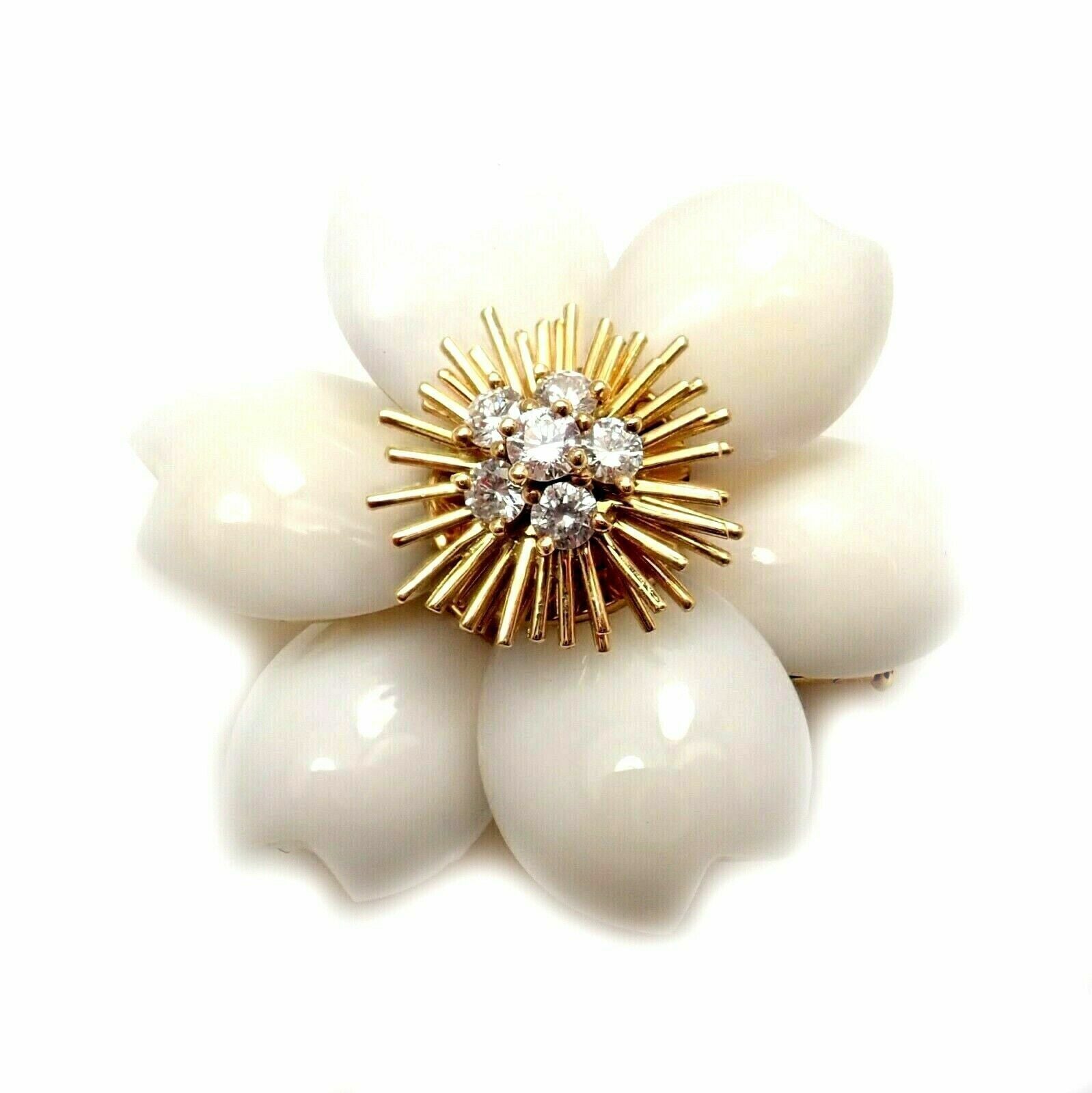 Van Cleef & Arpels Rose de Noel Diamond White Coral Flower Yellow Gold Brooch | Fortrove