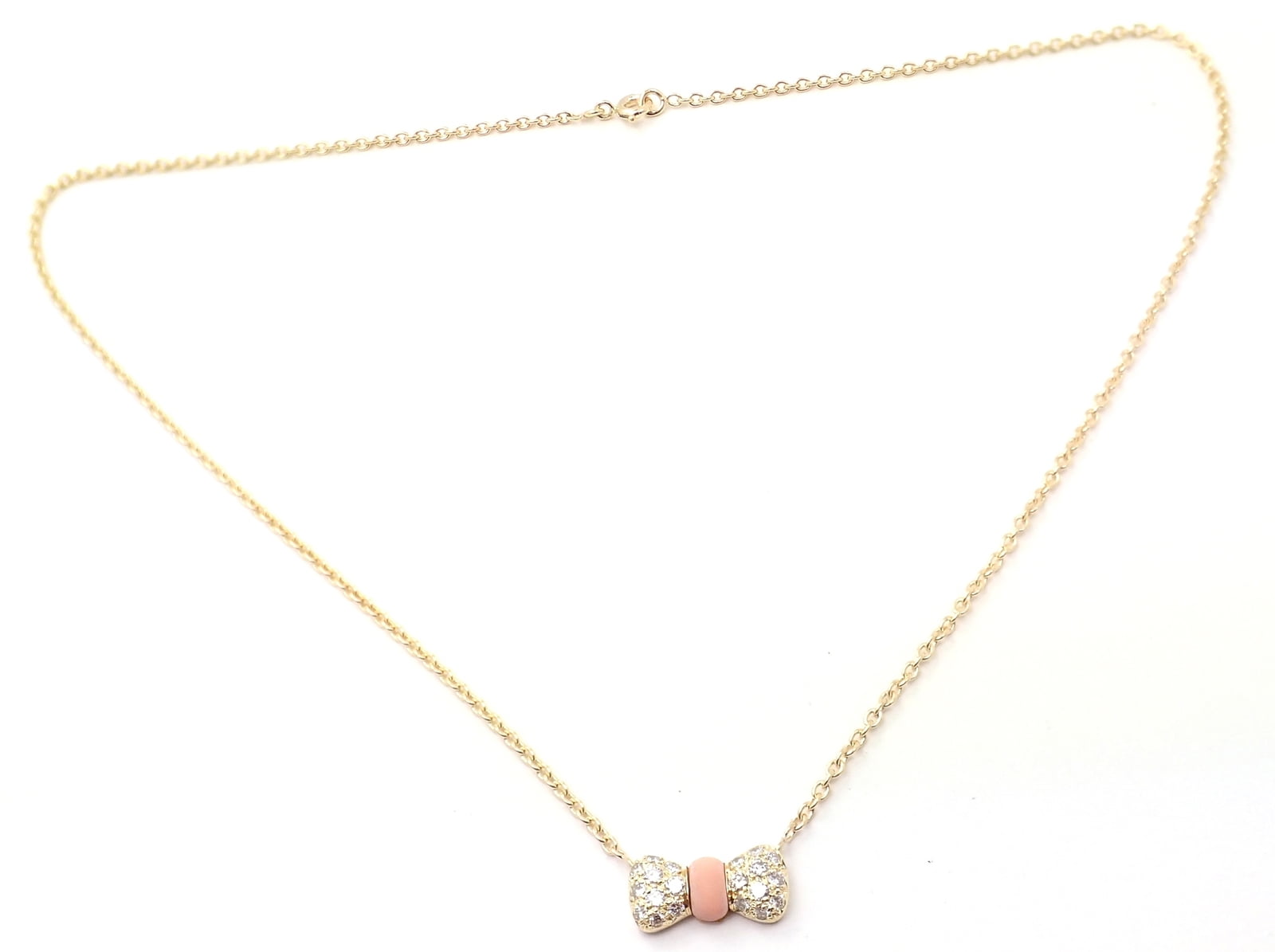 Authentic! Van Cleef & Arpels 18k Yellow Gold Diamond Coral Bow Pendant Necklace | Fortrove