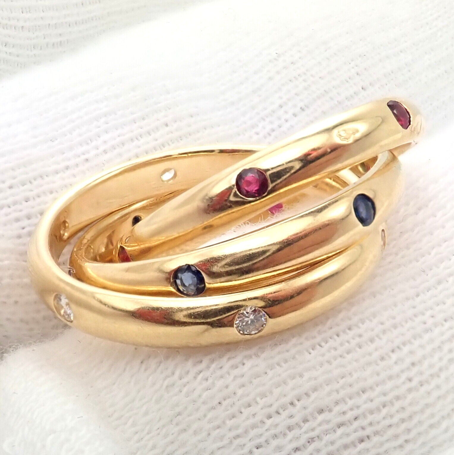 Authentic! Cartier 18k Yellow Gold Ruby Sapphire Diamond Trinity Band Ring 1995 | Fortrove