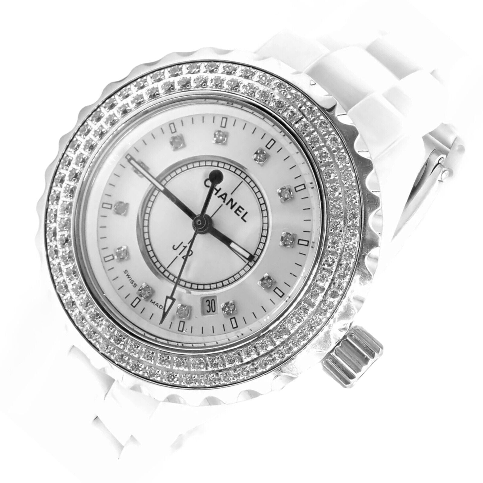 CHANEL Jewelry & Watches:Watches, Parts & Accessories:Watches:Wristwatches Authentic! Chanel J12 White Ceramic 33mm Automatic Diamond Watch DN23788