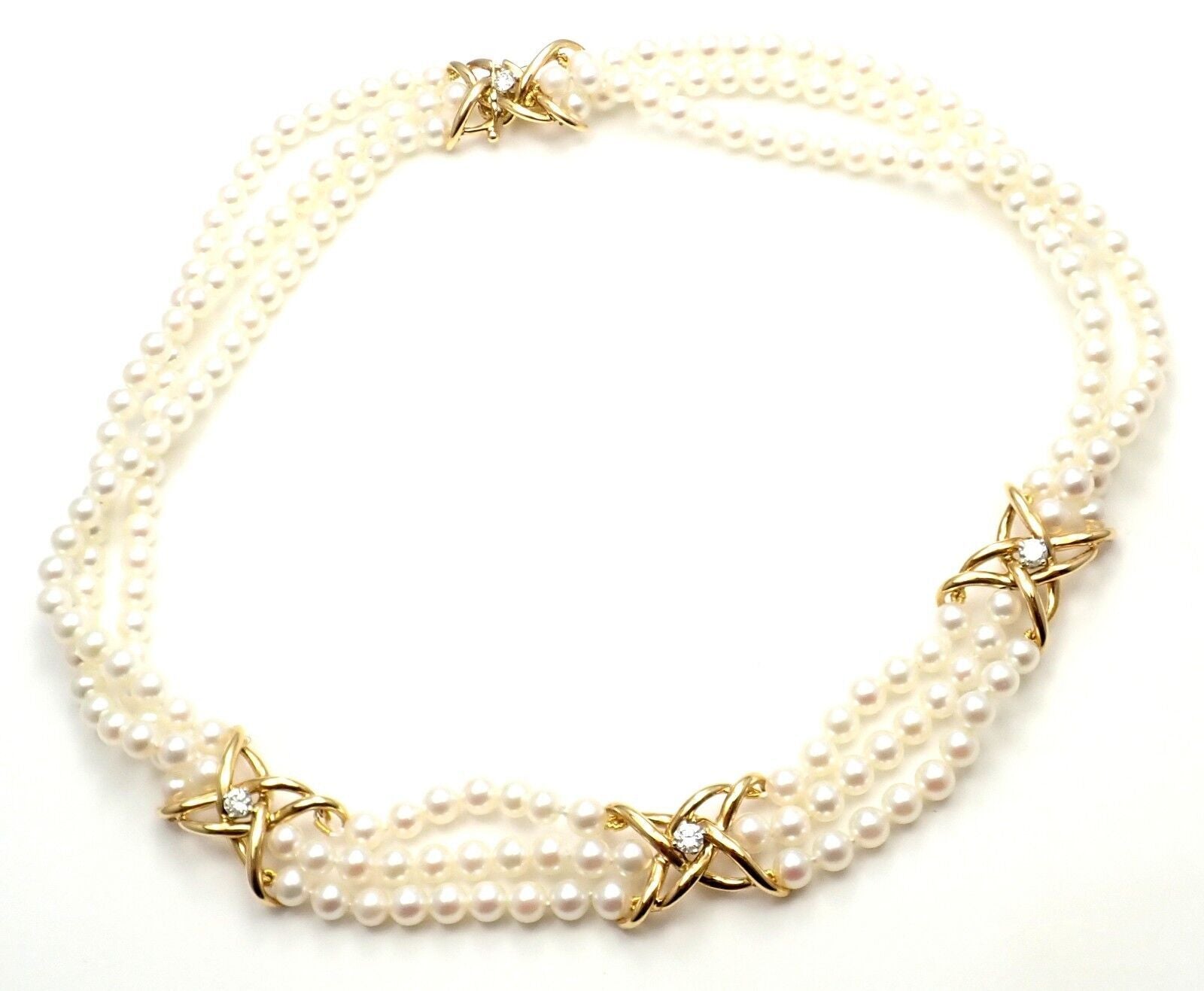 Authentic! Tiffany & Co 18k Yellow Gold Diamond 3 Strand Pearl Necklace | Fortrove