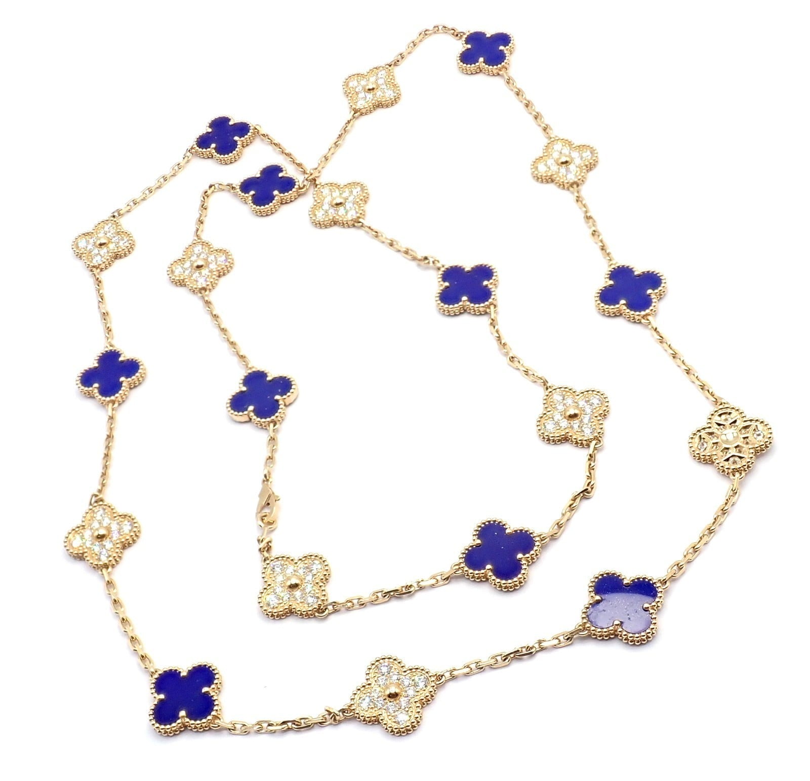 Van Cleef & Arpels Jewelry & Watches:Fine Jewelry:Necklaces & Pendants Van Cleef & Arpels 18k Yellow Gold 20 Motif Alhambra Diamond Lapis Necklace