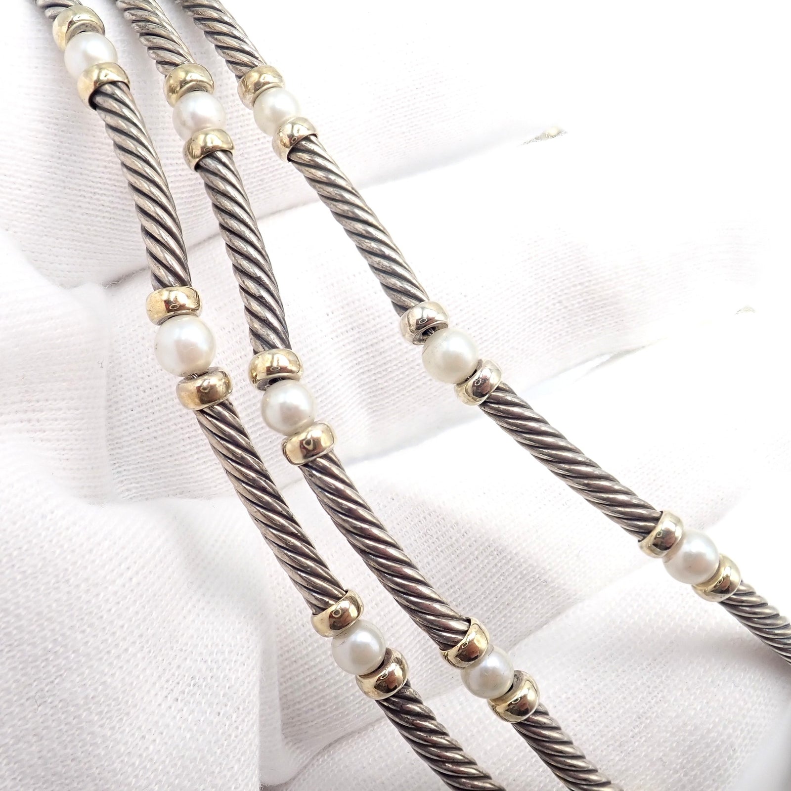 David Yurman Jewelry & Watches:Fine Jewelry:Necklaces & Pendants David Yurman DY Sterling Silver 14k Yellow Gold 3 Cable 3mm Pearl Necklace 15"