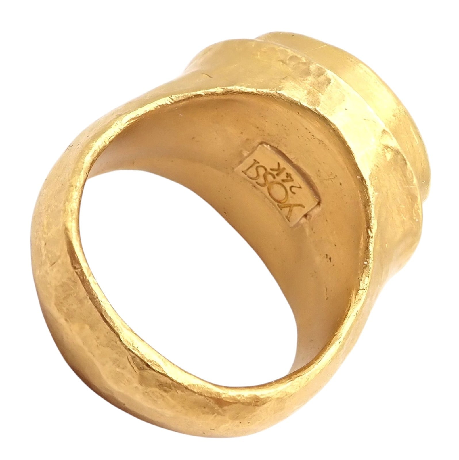 Authentic! Yossi Harari Hammered 24k Yellow Gold Large Garnet Ring sz 7 | Fortrove
