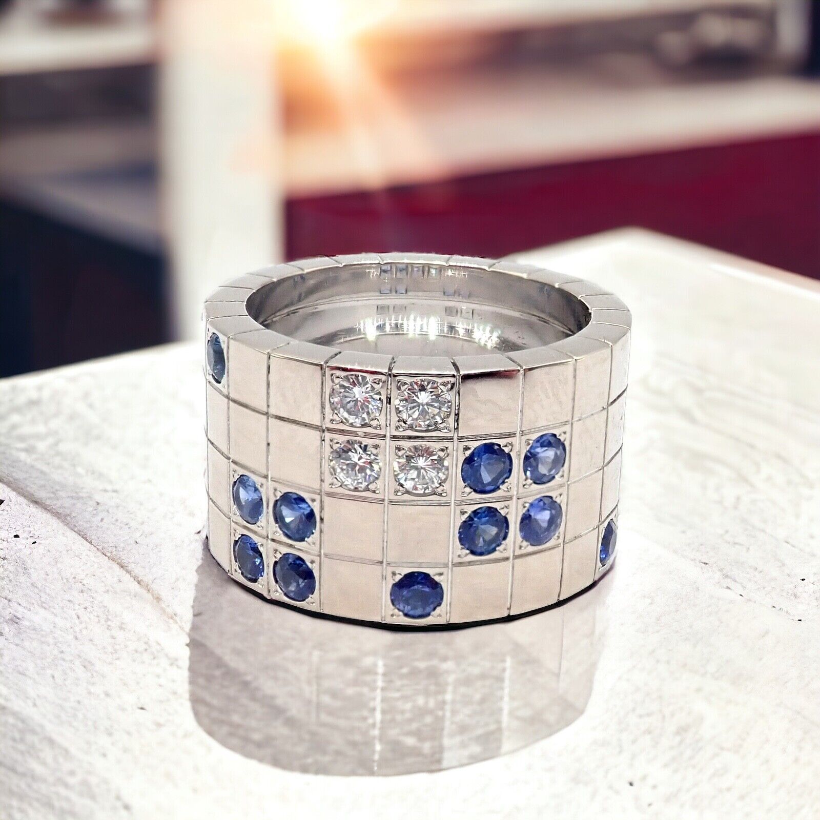 Cartier 18k White Gold Lanieres Diamond Blue Sapphire Wide Band Ring 52 6 | Fortrove