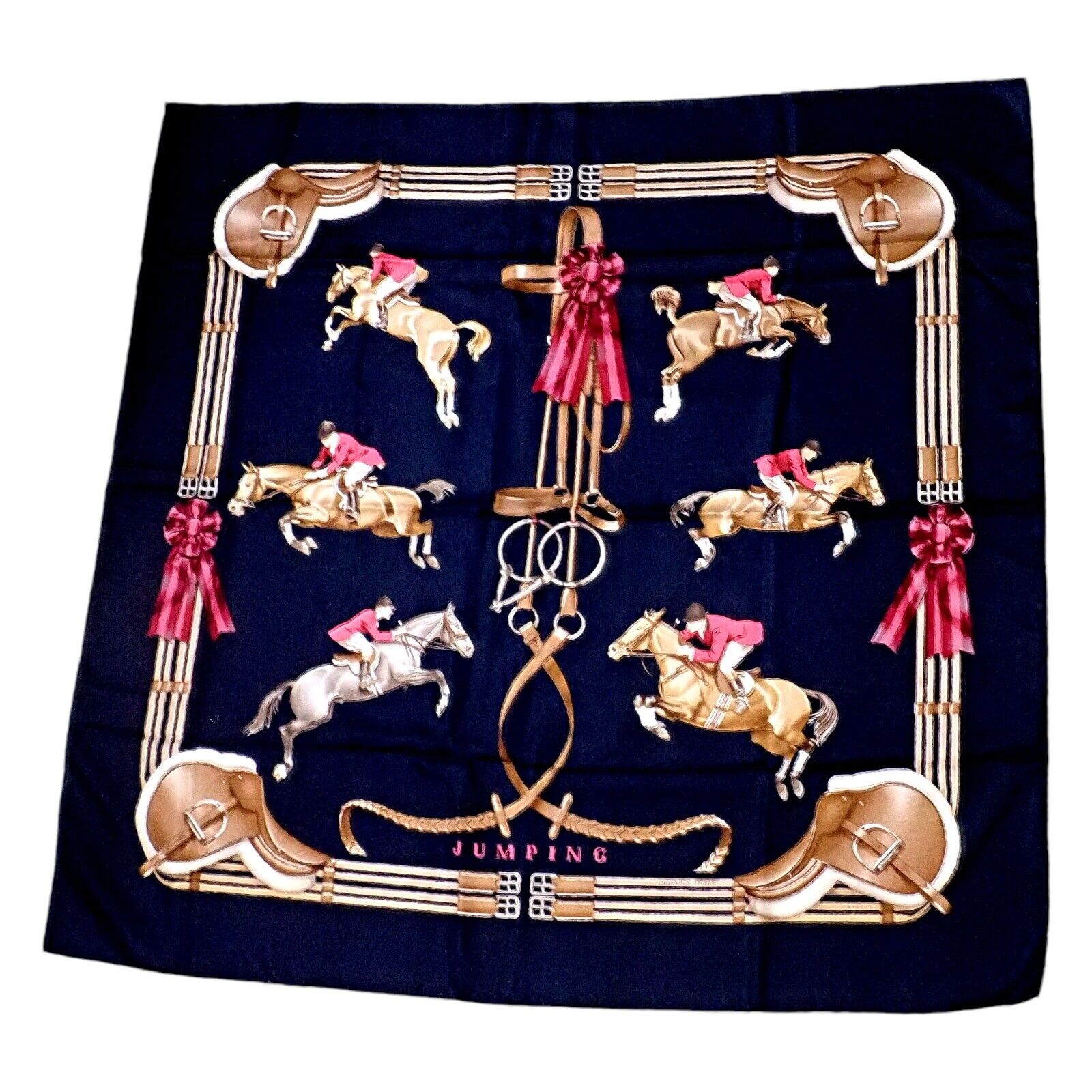 Hermes Clothing, Shoes & Accessories:Women:Women's Accessories:Scarves & Wraps Authentic RARE! Hermes Navy Blue Jumping Equestrian Vintage 90cm Silk Scarf