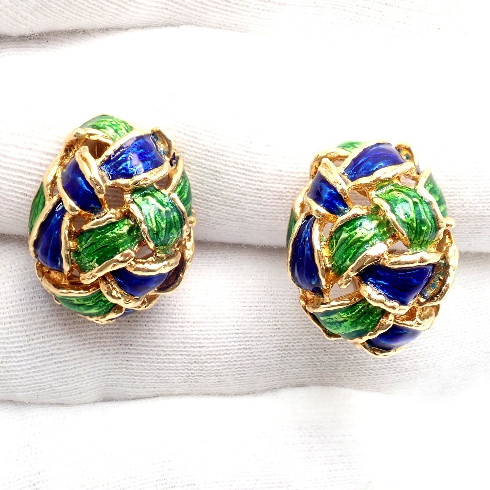 Vintage Tiffany & Co Green Blue Enamel 18k Yellow Gold Basket Weave Earrings | Fortrove
