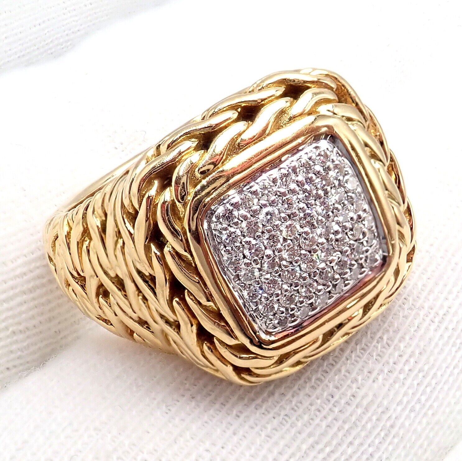 Authentic! John Hardy JH 18k Yellow Gold Diamond Square Signet Signature Ring | Fortrove