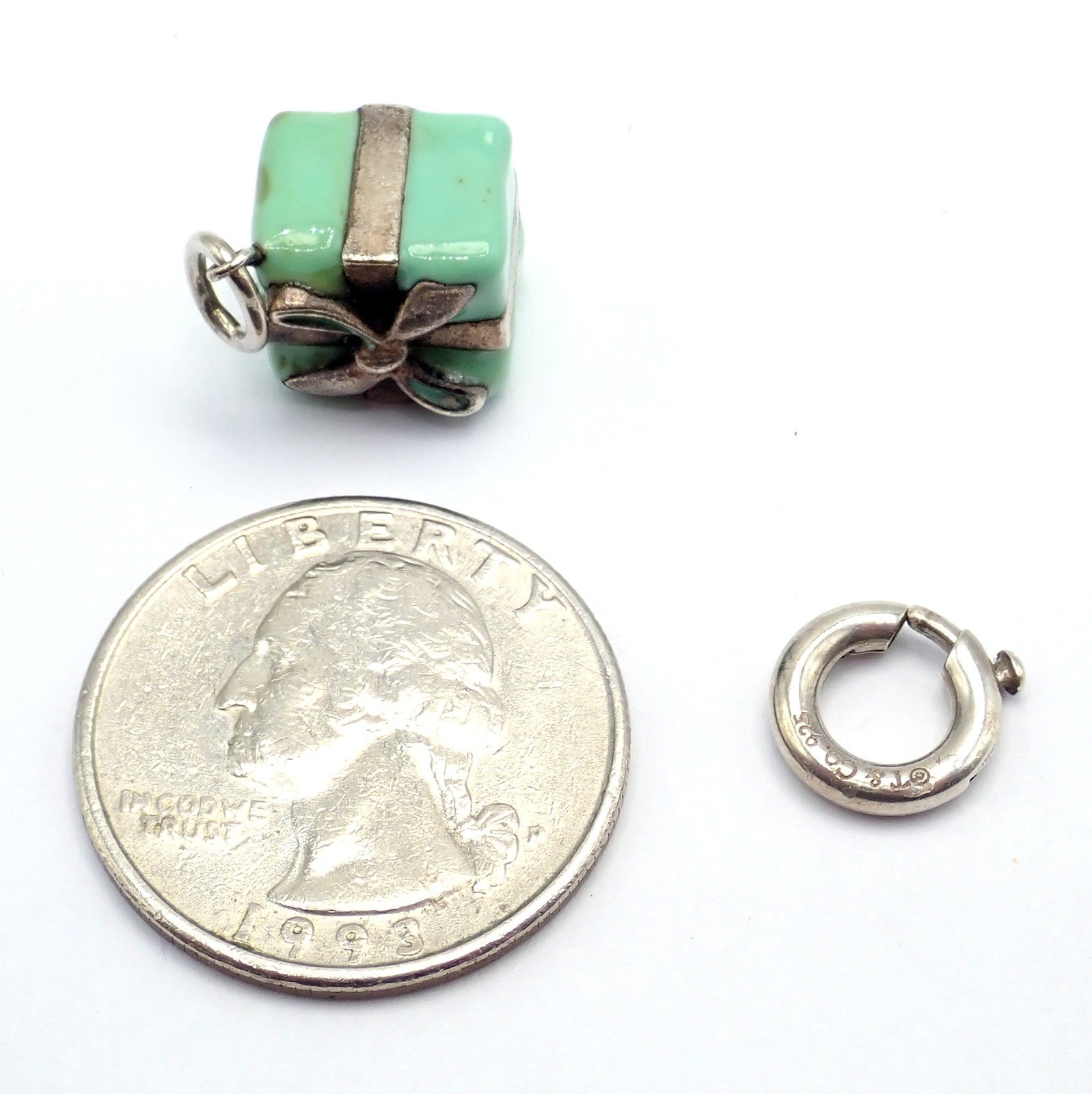 Vintage! Tiffany & Co. Enamel Gift Box Silver Charm Pendant + Spring Ring Clasp | Fortrove
