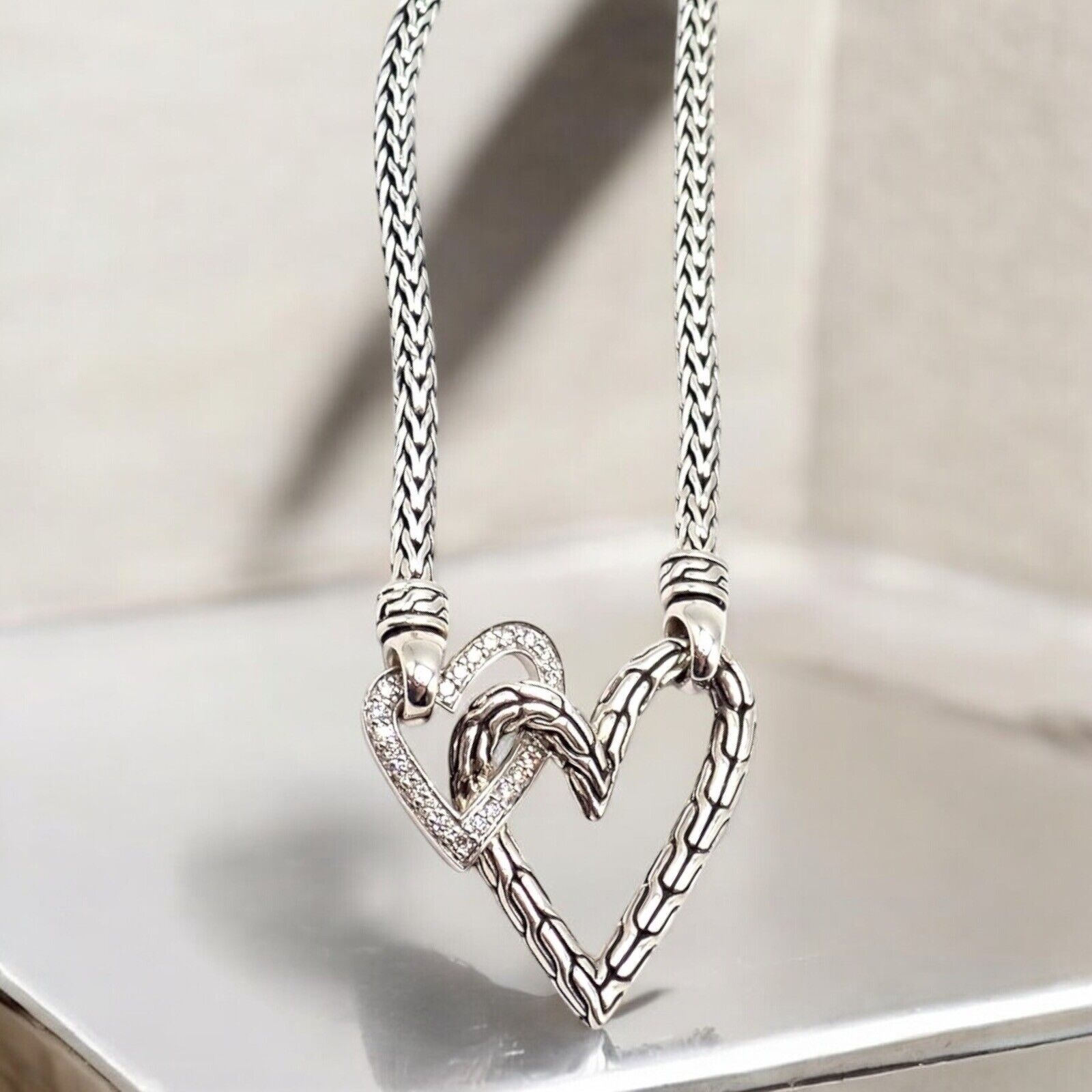 Authentic! John Hardy JH Silver Diamond Double Heart Manah Necklace | Fortrove