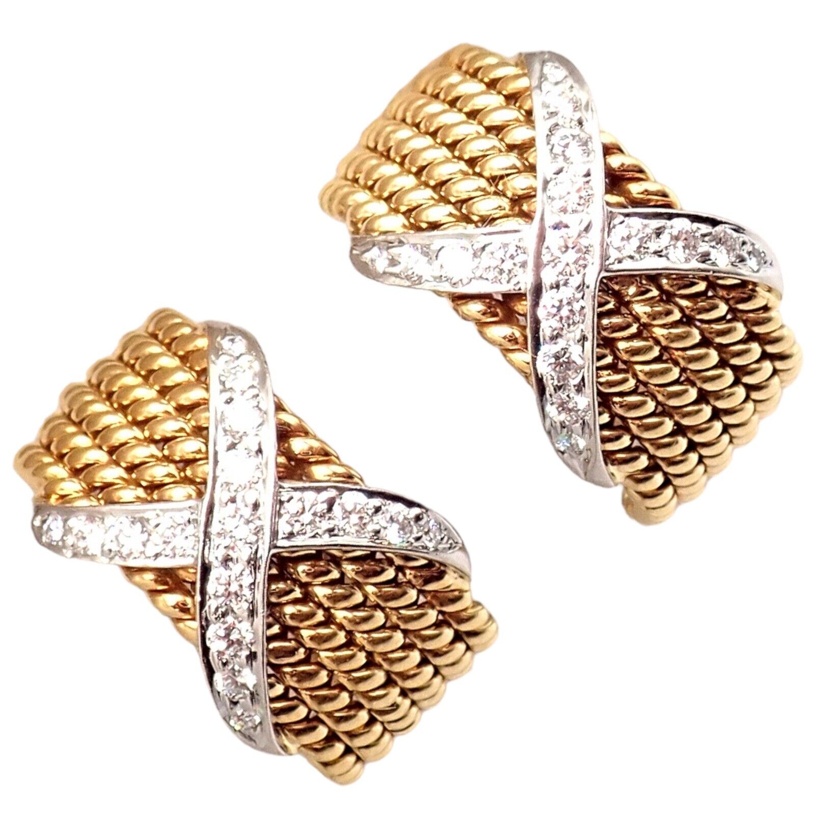 Tiffany & Co Schlumberger 18k Yellow Gold Platinum Diamond 6 Row Rope X Earrings | Fortrove