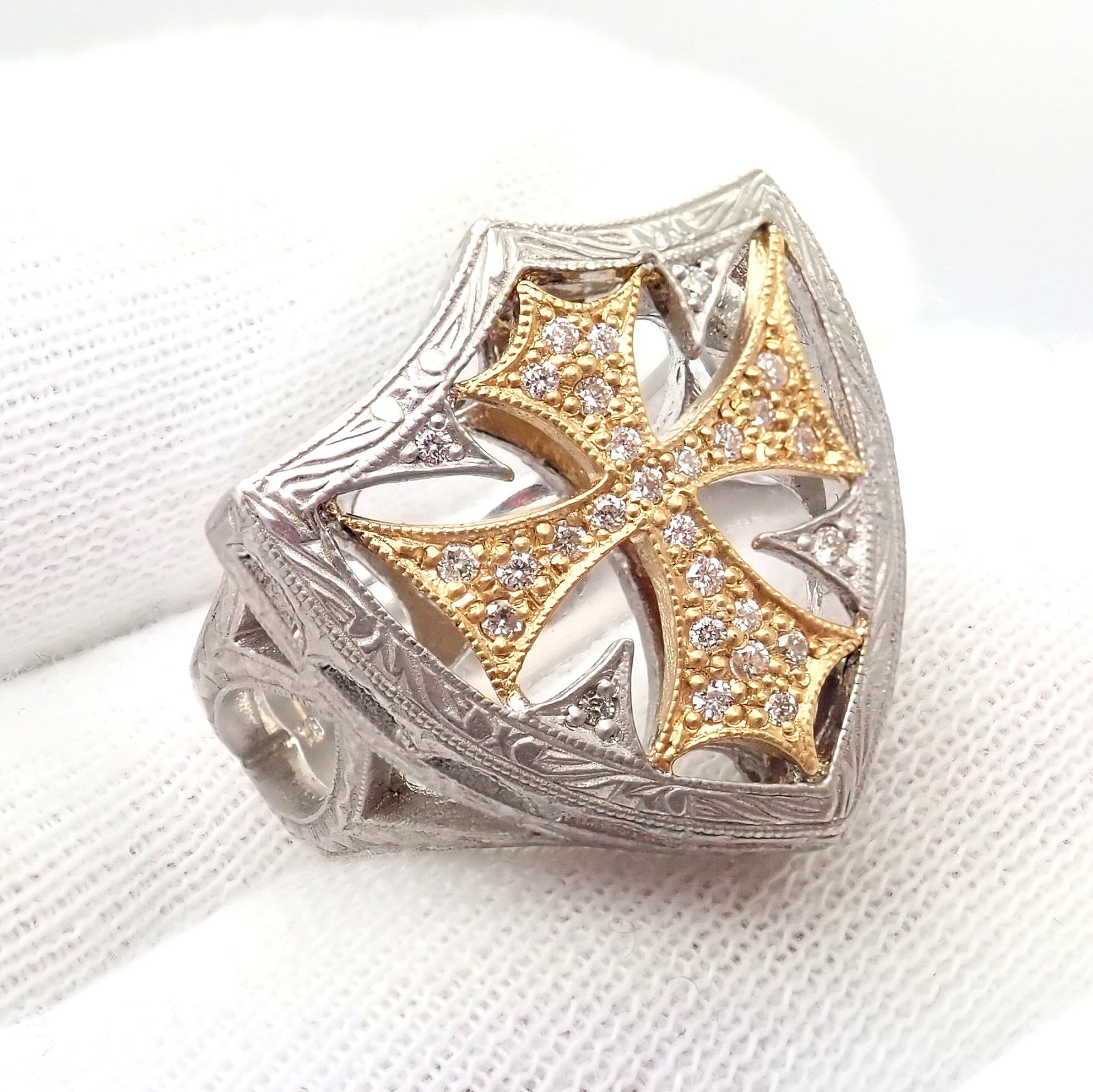 Authentic Loree Rodkin 18k White Yellow Gold Diamond Cross Shield Crest Ring | Fortrove