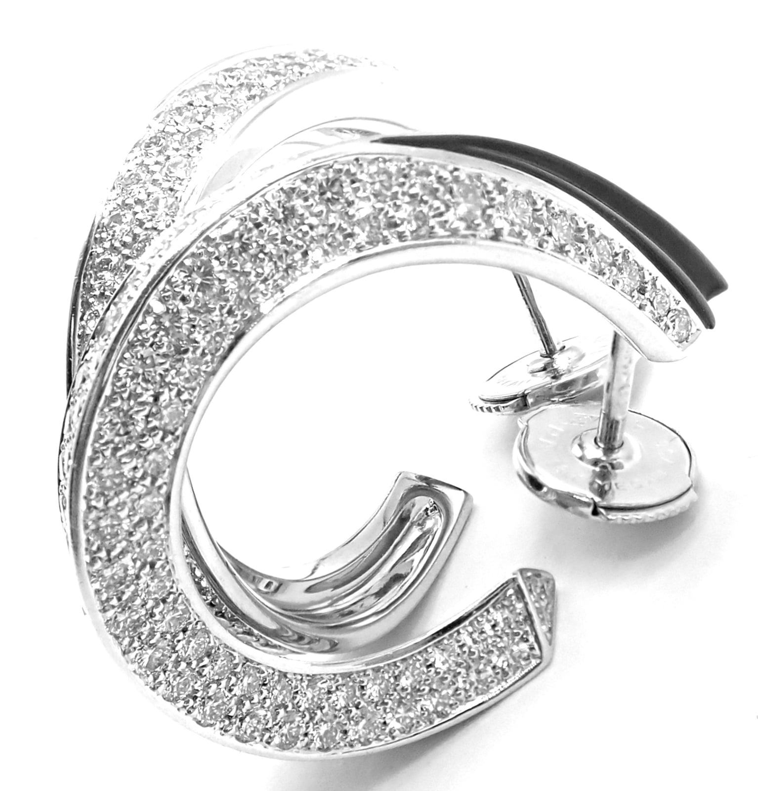 Authentic! Cartier Panthere 18k White Gold Diamond Onyx Hoop Earrings | Fortrove