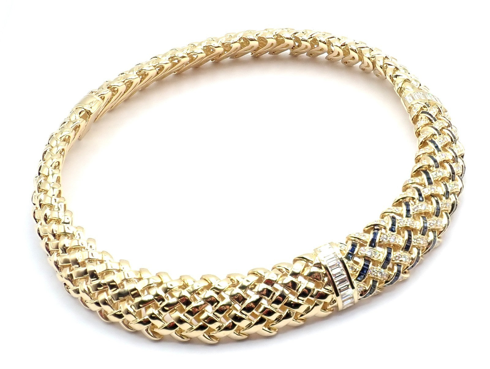 Authentic Tiffany & Co Vannerie 18k Yellow Gold Diamond Sapphire Weave Necklace | Fortrove