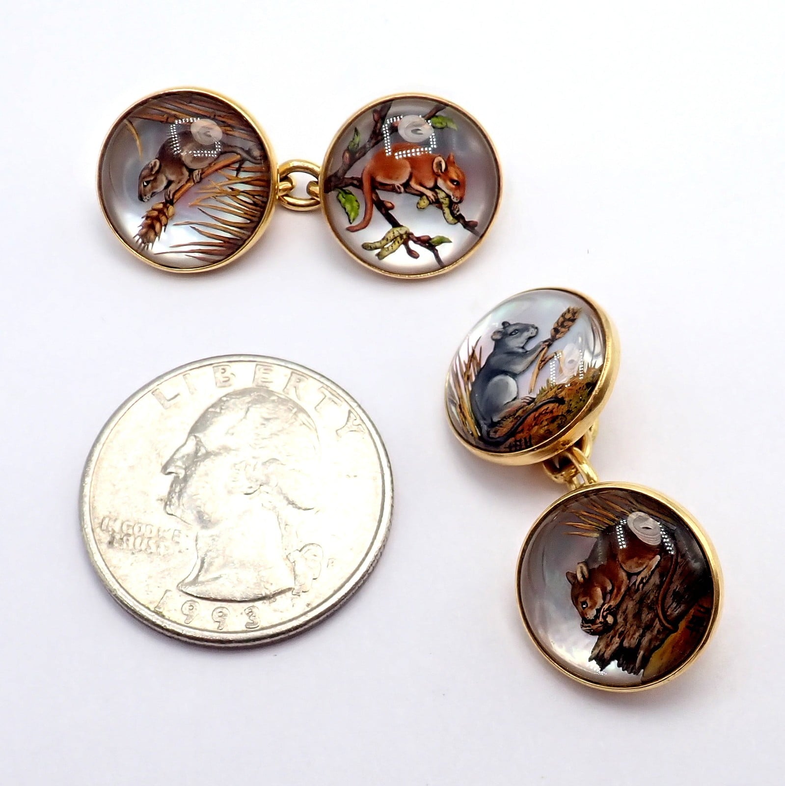 Vintage! Tiffany 18k Yellow Gold Essex Reverse Intaglio Field Mice Cufflinks | Fortrove