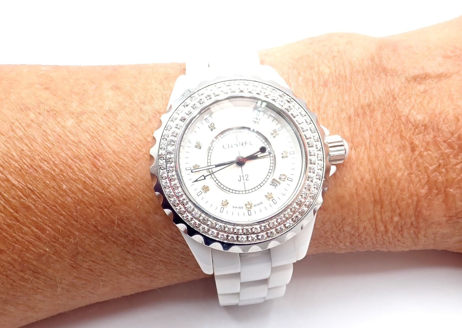 CHANEL Jewelry & Watches:Watches, Parts & Accessories:Watches:Wristwatches Authentic! Chanel J12 White Ceramic 33mm Automatic Diamond Watch DN23788