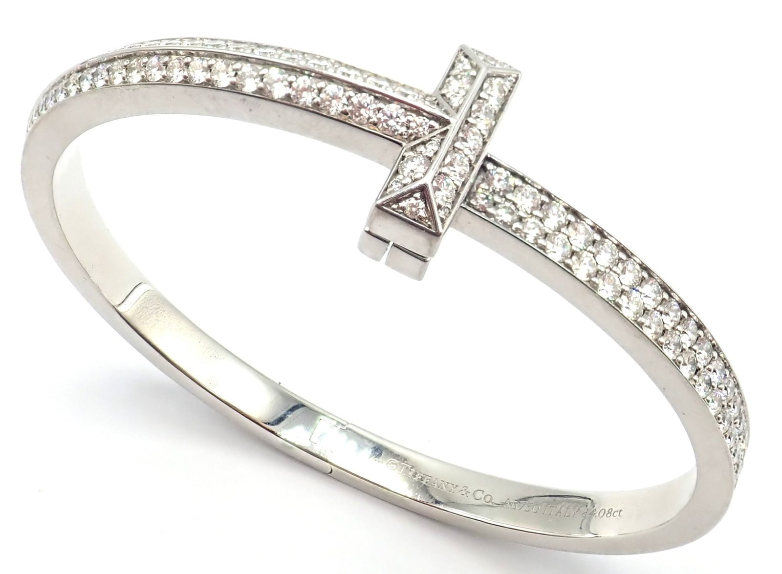 Authentic! Tiffany & Co 18k White Gold Diamond T1 Wide Hinged Bangle Bracelet | Fortrove