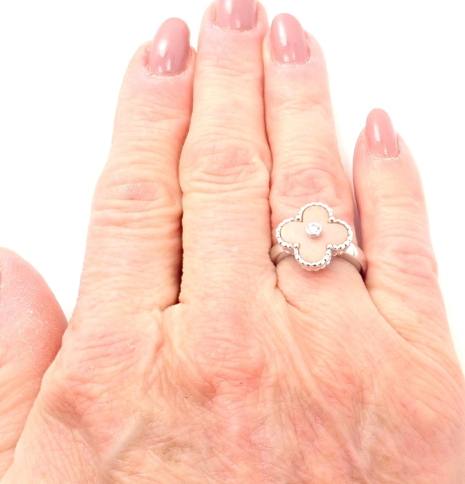 Authentic! Van Cleef & Arpels Alhambra 18k White Gold Pink Opal Diamond Ring | Fortrove