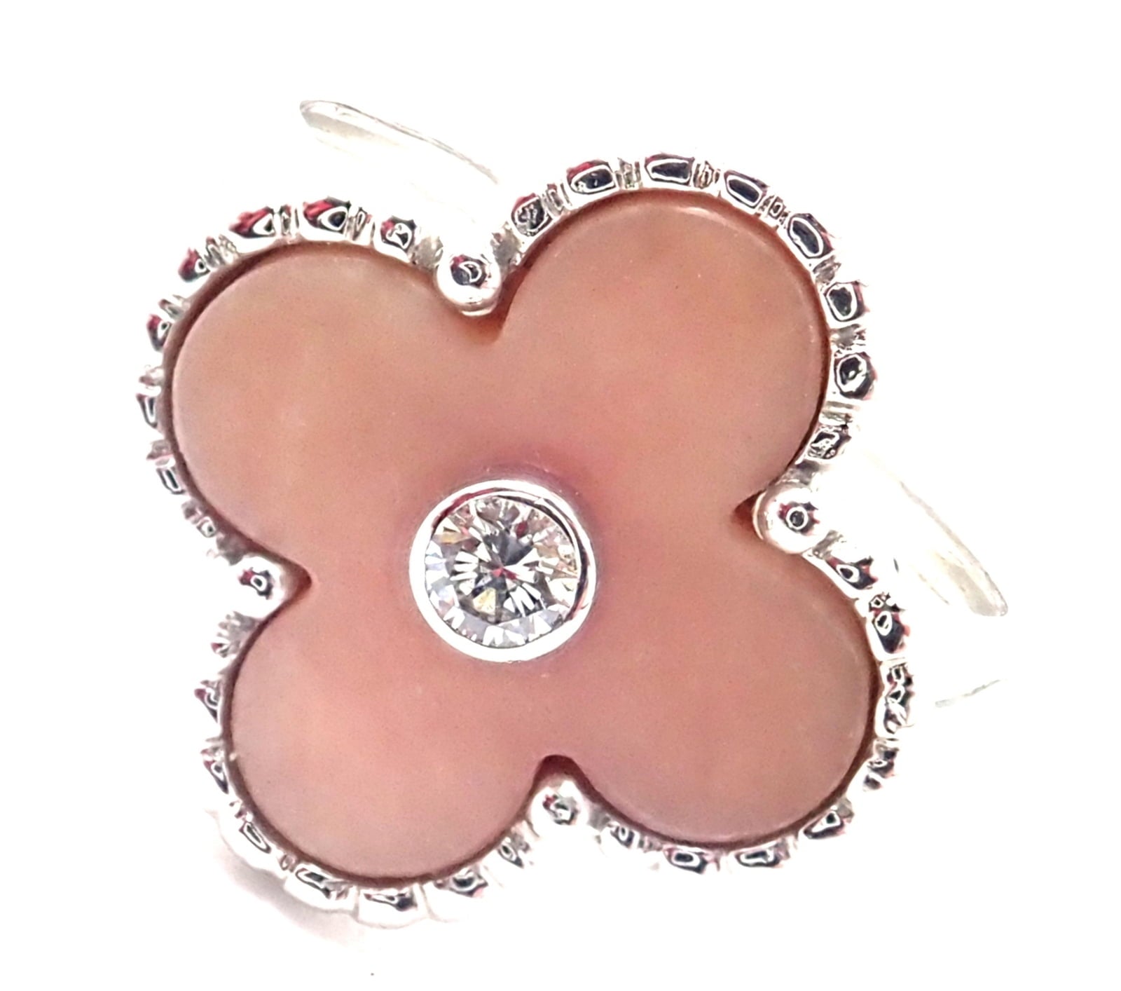 Authentic! Van Cleef & Arpels Alhambra 18k White Gold Pink Opal Diamond Ring | Fortrove