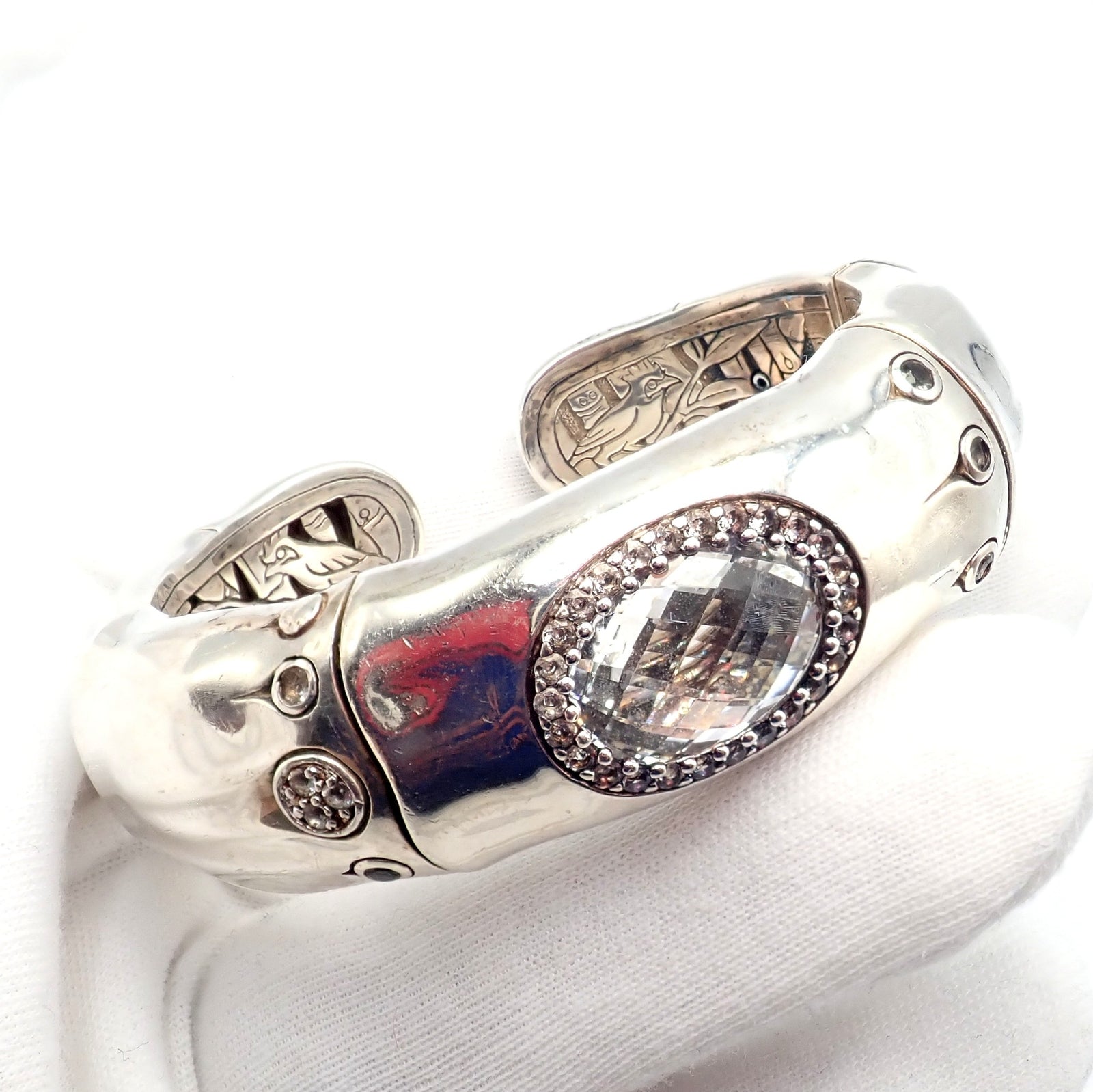 Authentic! John Hardy Silver White Topaz 30 Bamboo Large Cuff Bracelet | Fortrove